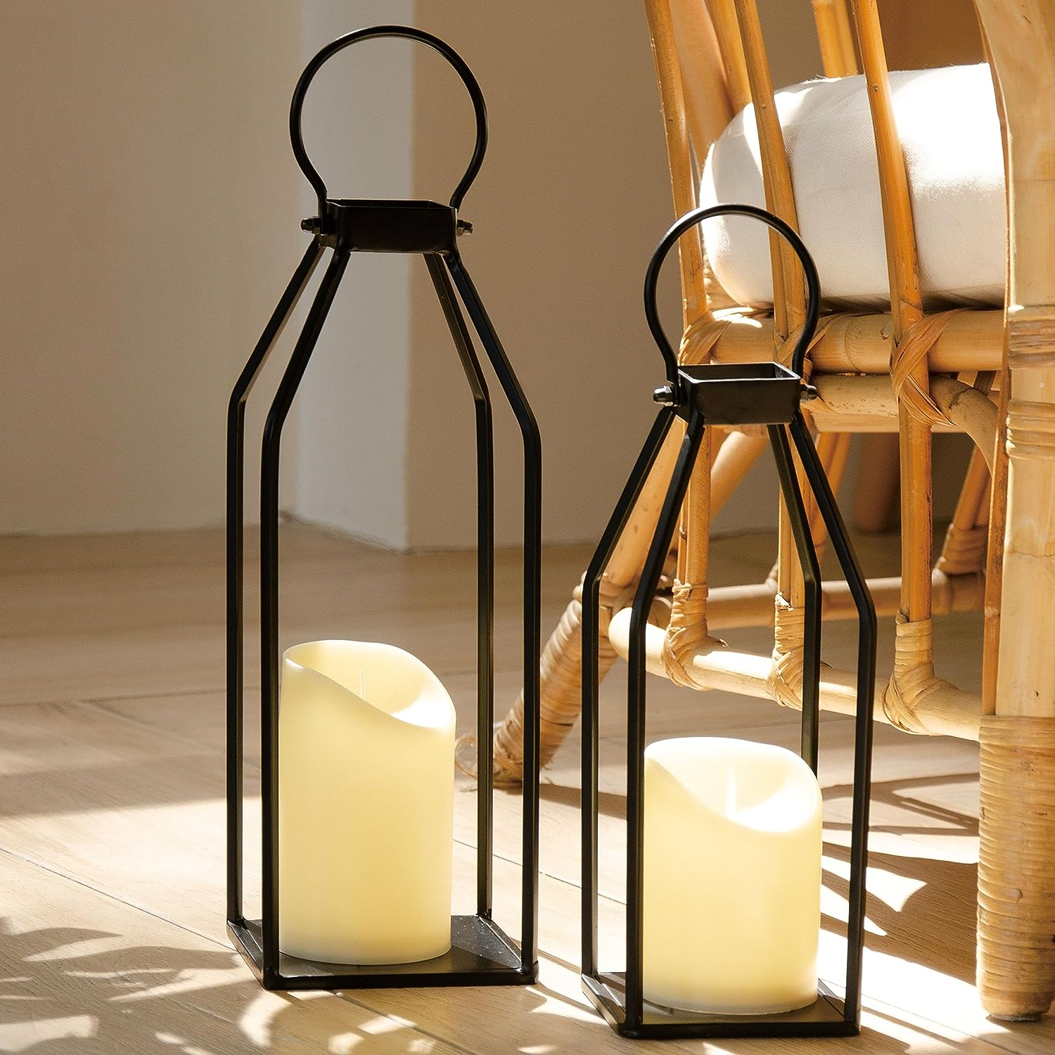 Perfnique Modern Farmhouse Lantern Decor, 39Cm X 11Cm Set of 2 Metal Lanterns, 2 LED 6Hr Timer Flickering Flameless Candles, Lanterns Decorative for Outdoor Decor, Home, Indoor, Patio (Black)