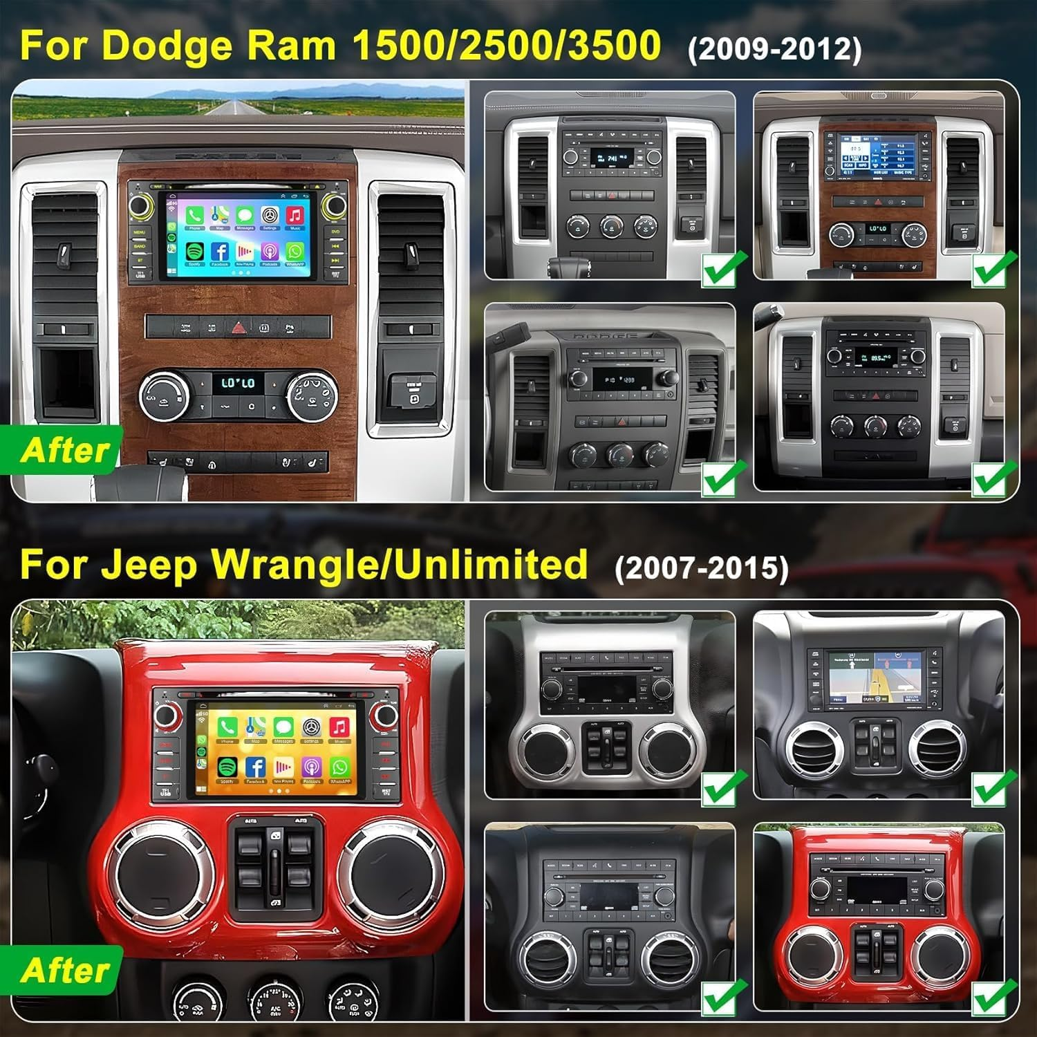 Car Radio Stereo with CD/DVD Player for Dodge RAM 1500 2500 3500 (2009-2012), for Jeep Wrangle/Unlimited (2007-2015),7 Inch Head Unit with Carplay & Android Auto,Bluetooth & GPS Navigation image number 3