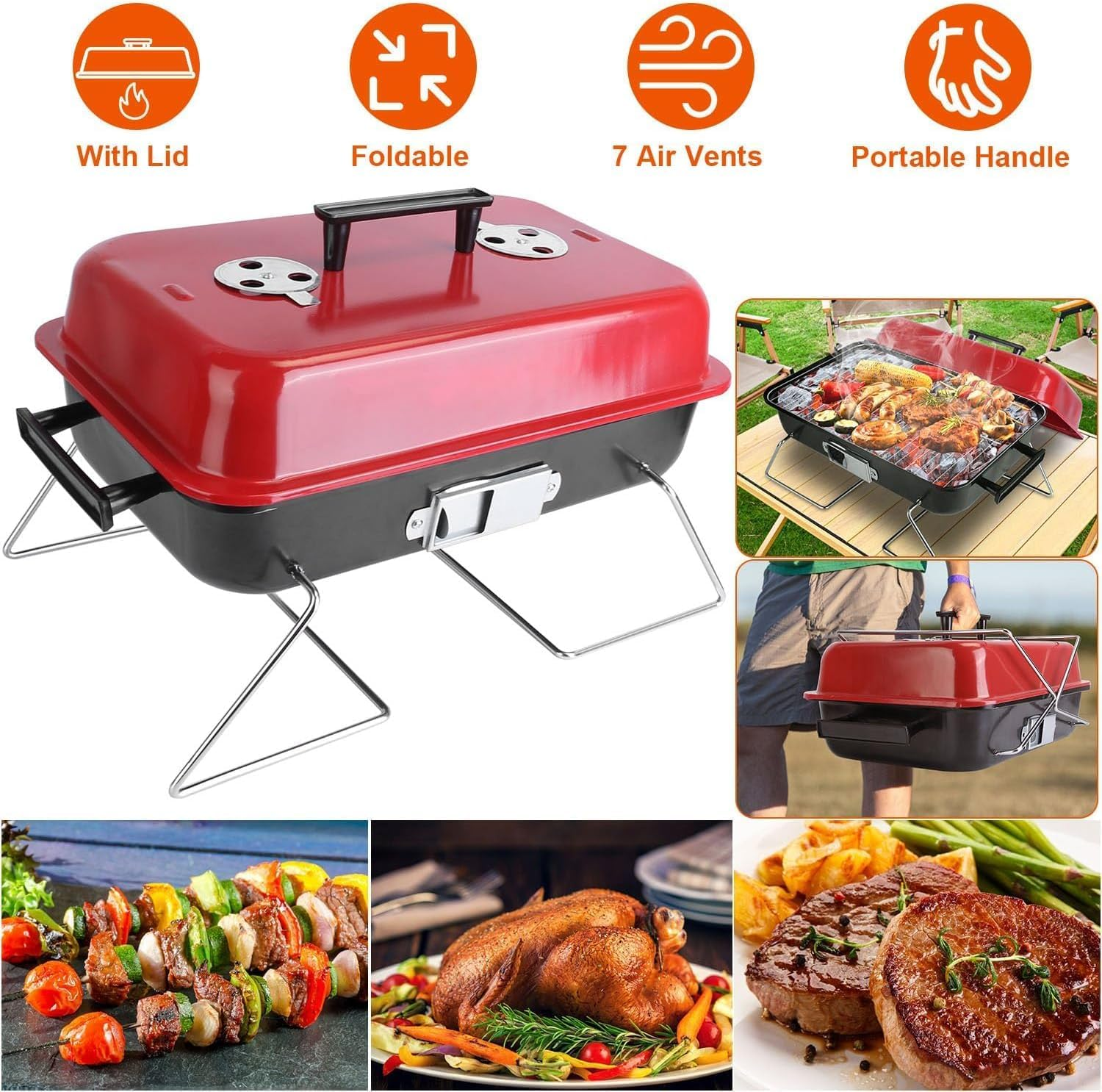 Portable Charcoal Grill with Lid, Upgraded Tabletop Outdoor Barbecue Grill Smoker, Folding Small BBQ Grill for Outdoor Cooking, Camping, Backyard Picnics, Beach Party, Camp Hiking, RV Travel