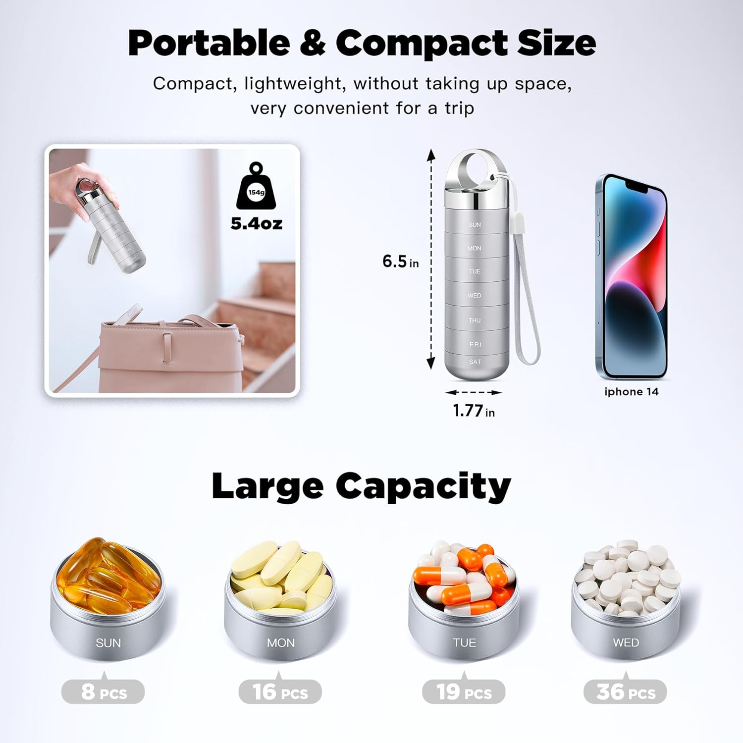 Zannaki Metal Travel Pill Organizer, Portable Waterproof Weekly Pill Box, Large Aluminum Alloy Pill Case Container, BPA Free 7 Day Daily Medicine Organizer Holder for Vitamin, Fish Oil, Supplement image number 3