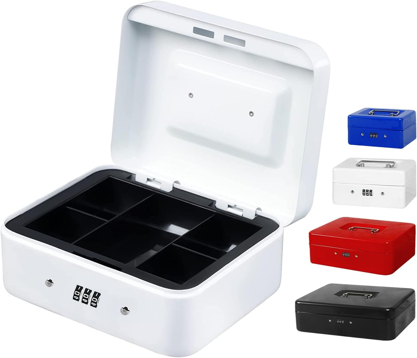 Vivva Steel Cash Box with Combination Lock, Metal Small Money Organizer with Money Tray, Cash Storage Box with Lockable Cover, Cash Drawer(Black, 25X20X9Cm) image number 6