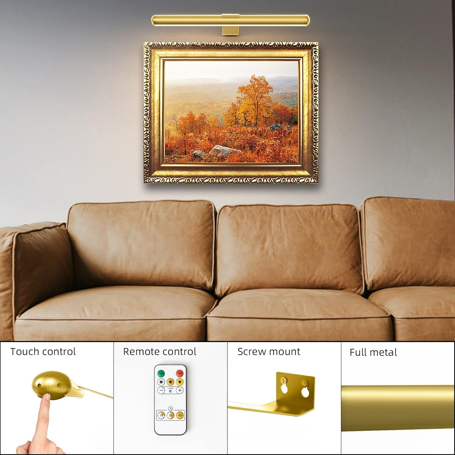 Wireless Picture Light,40Cm Painting Light with Remote Rechargeable Magnetic Timer Wall Light, Touch Dimmable for Picture Painting Dartboard Gallery Cabinet Mirror (2Pack-Gold) image number 3