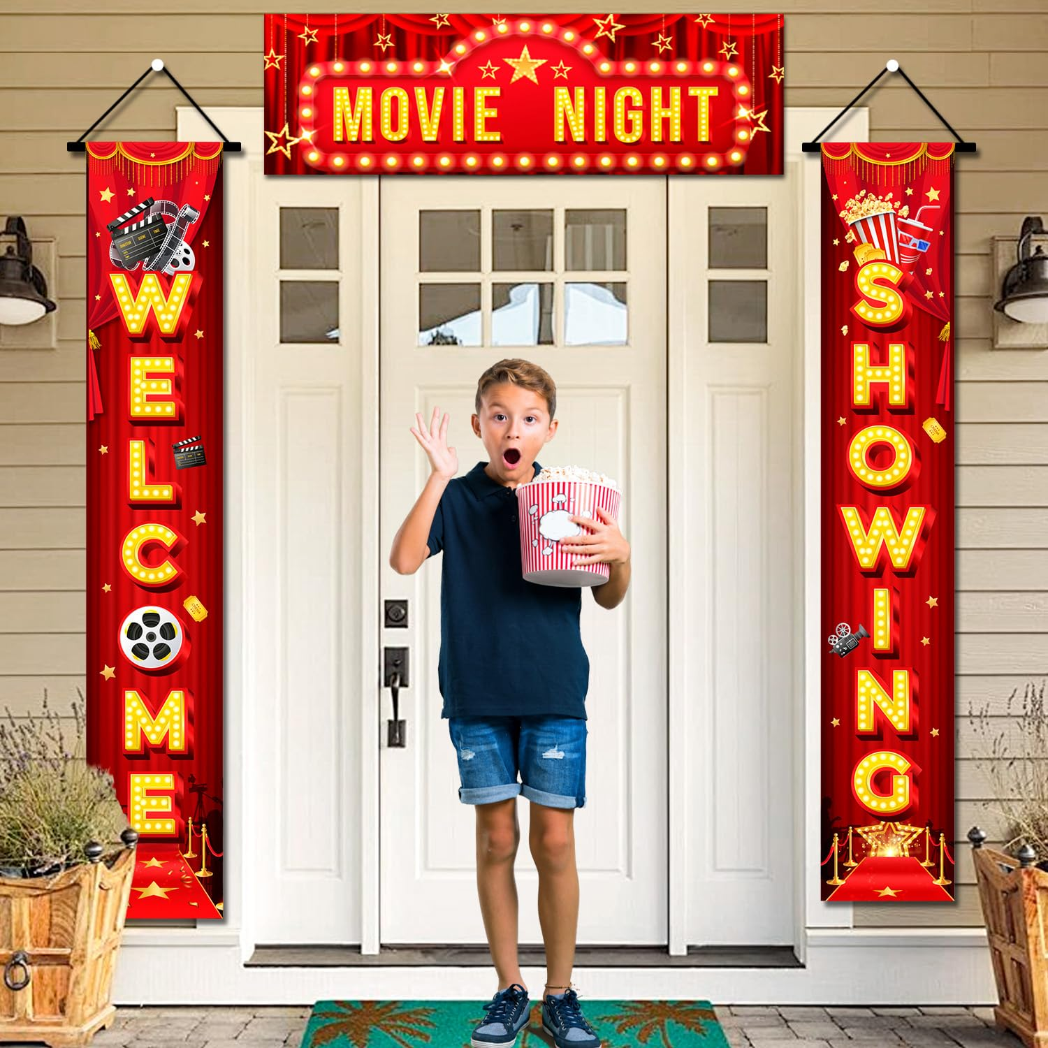 Movie Night Porch Sign Banner, 2 Pcs Movie Night Porch Banner Theme Door Banner & 1 Pcs Door Top Banner for Birthday Party Decorations image number 1