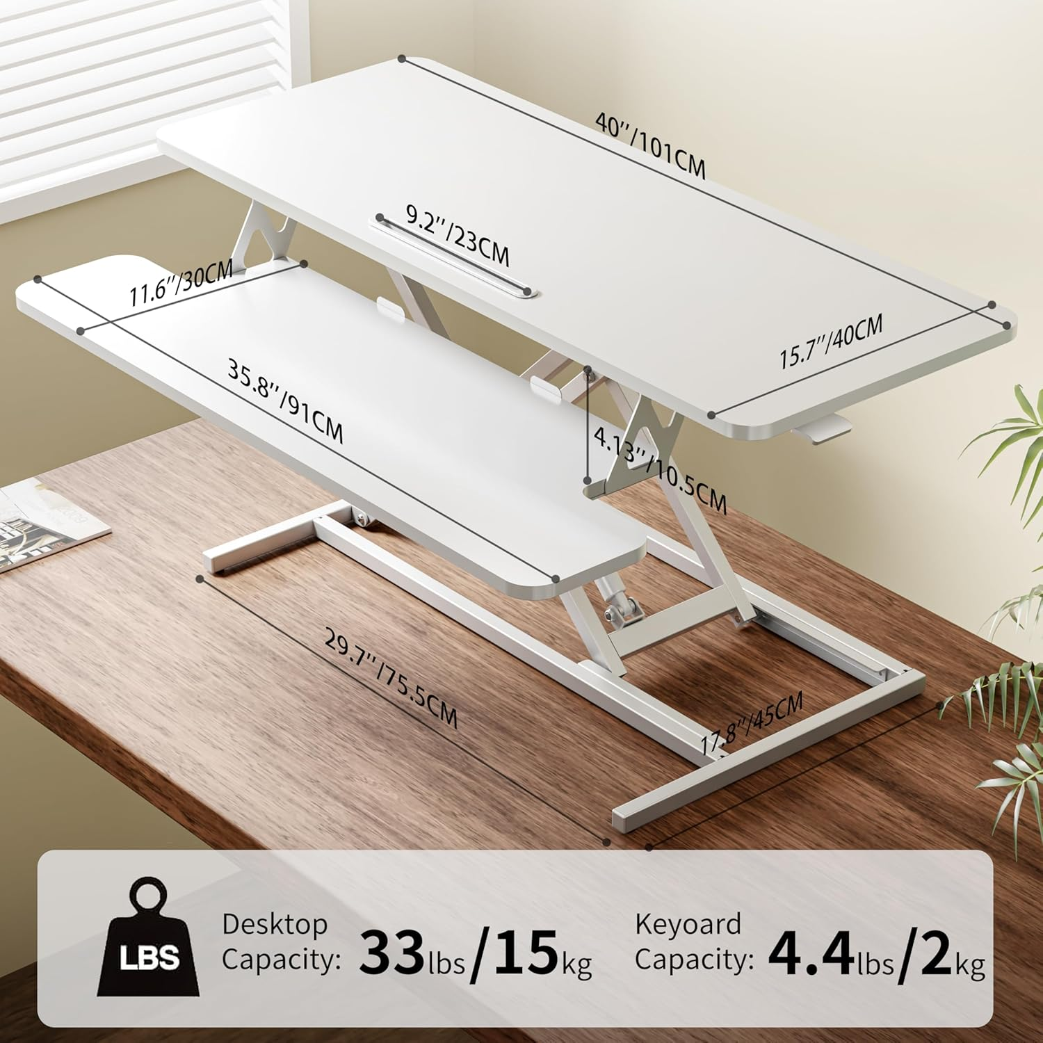 ERGOMAKER 101Cm Standing Desk Converter, Height Adjustable Sit to Stand Riser, Dual Monitor and Laptop Workstation with Wide Keyboard Tray, White image number 5