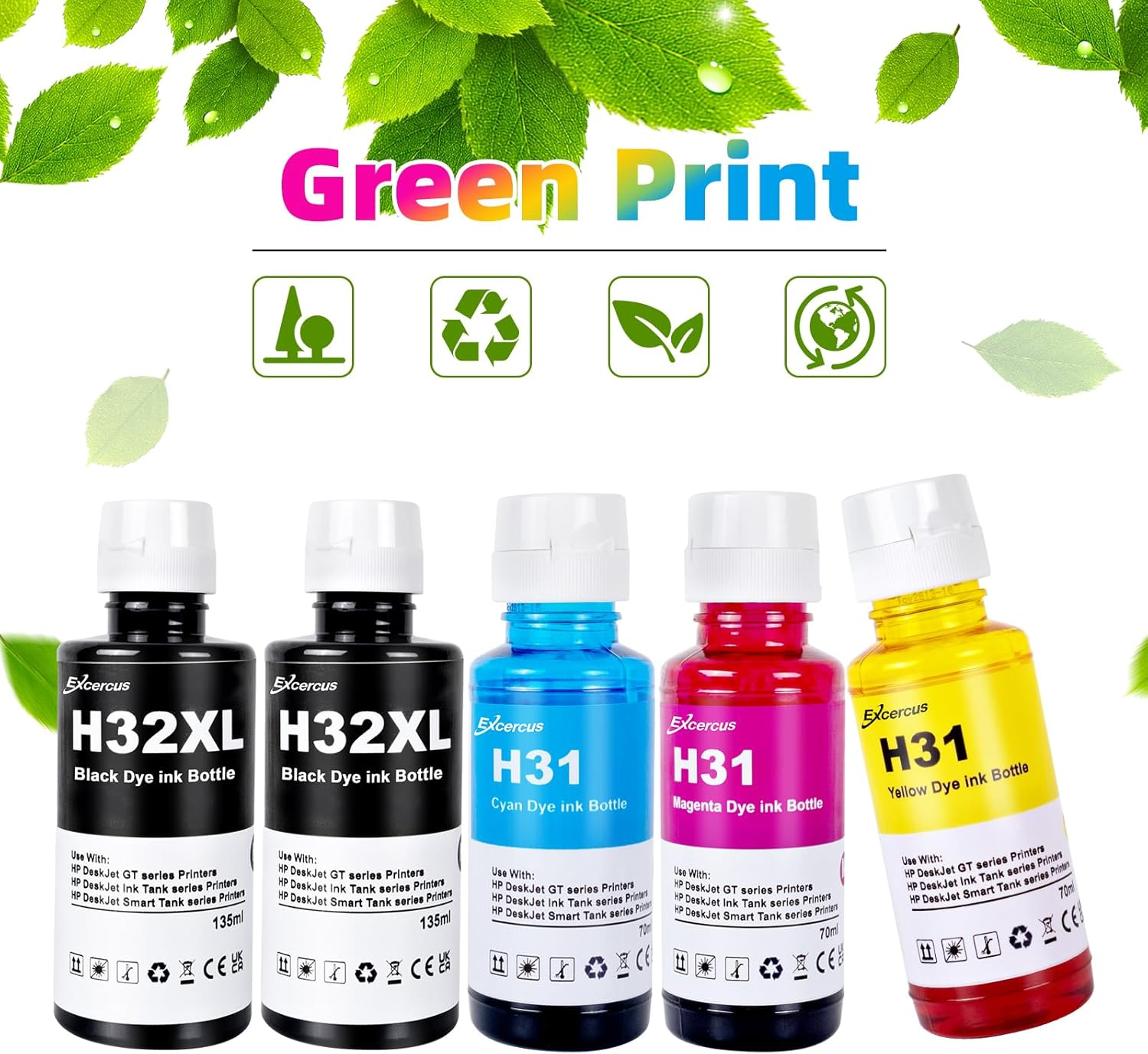 Ink Bottle 31 32XL 32 XL Compatible with HP Smart Tank 5000 5101 7301 6001 7602 5101 7001 551 555 651 455 457 450 Printers (2 135ML 32XL Black Ink, 70ML 31 Color Ink) image number 3