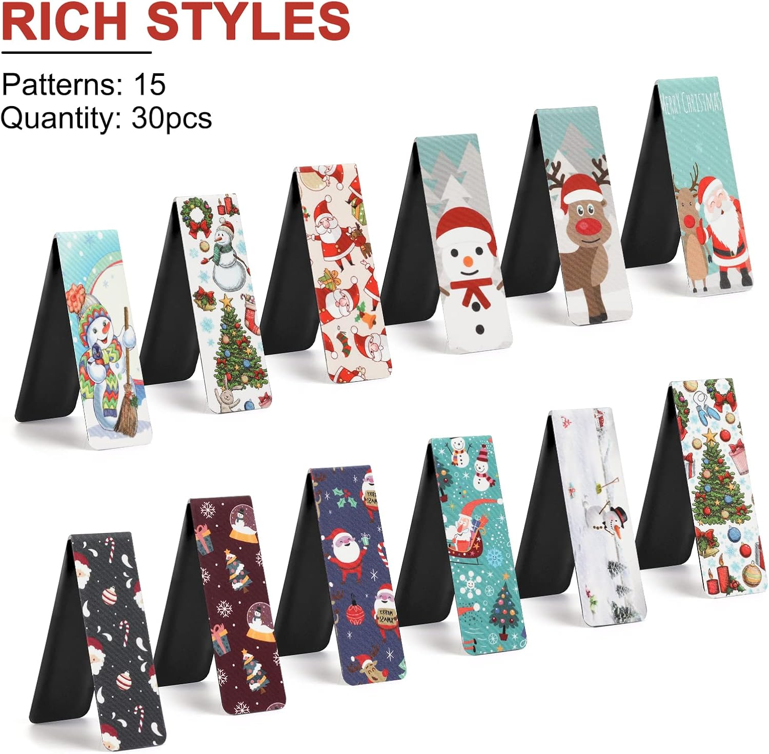 MWOOT 30Pcs Christmas Magnetic Bookmarks, Snowman Magnet Reading Book Marks Set, Double-Sided Cute Page Clips, Book Markers in Bulk for Kids Students Home School Stationery Supplies(15 Styles, 6X2Cm) image number 3