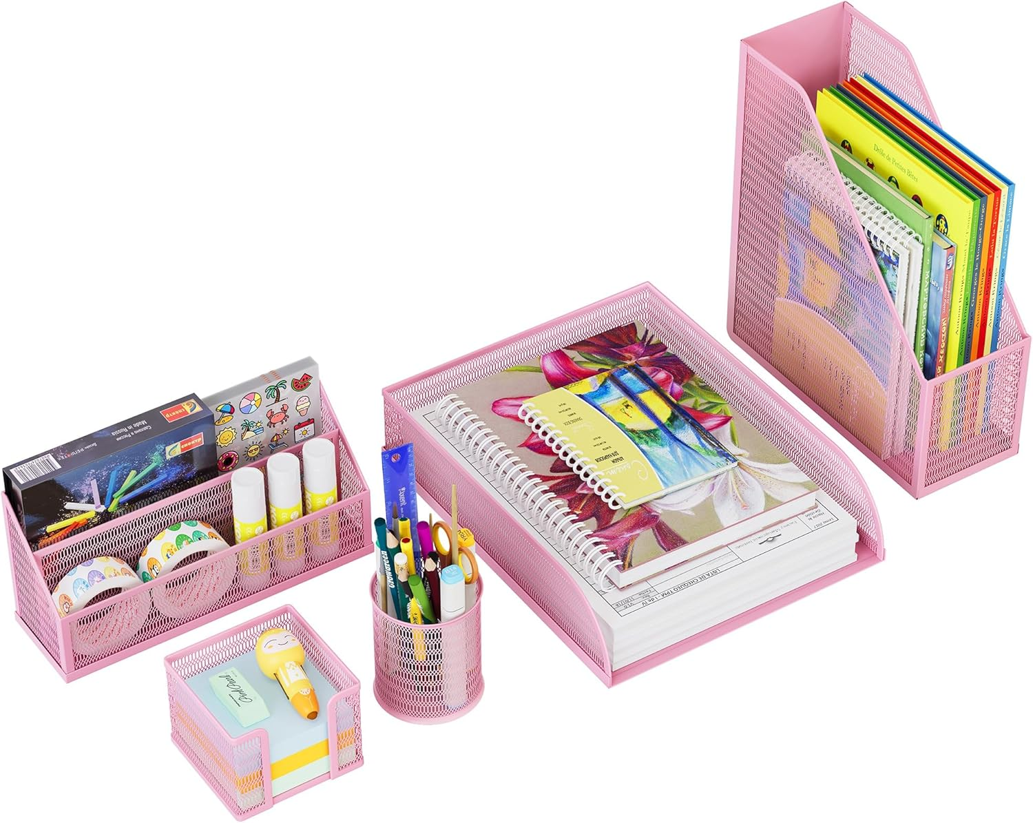 Solinxe Desk Organiser Set Made of Metal - Document Tray A4 Paper Letter Tray Pen Holder Letter Holder and Sticky Note Holder, Pink image number 2