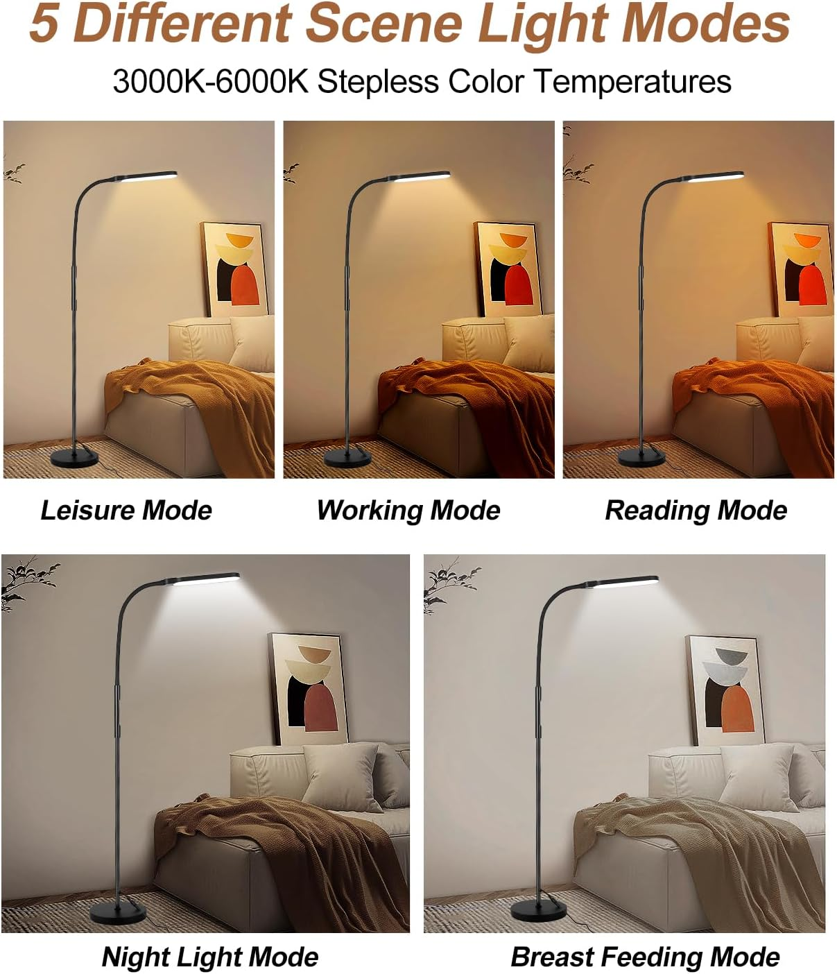 Bright LED Floor Lamp for Living Room, 15W 1000LM Gooseneck Reading Light with Remote& Touch Control, Adjustable 2000K-6000K Colors& Brightness,1H Timer, Modern Standing Lamp for Bedroom Office image number 4