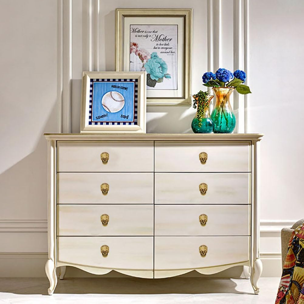 Gold Skull Drawer Knobs Pulls,Unique Skull Cabinets Knob Covers Decorative, Single Hole Metal Pull Handle for Dresser Closets Hardware Furniture Halloween Skull Kitchen Accessories (Antique Gold)