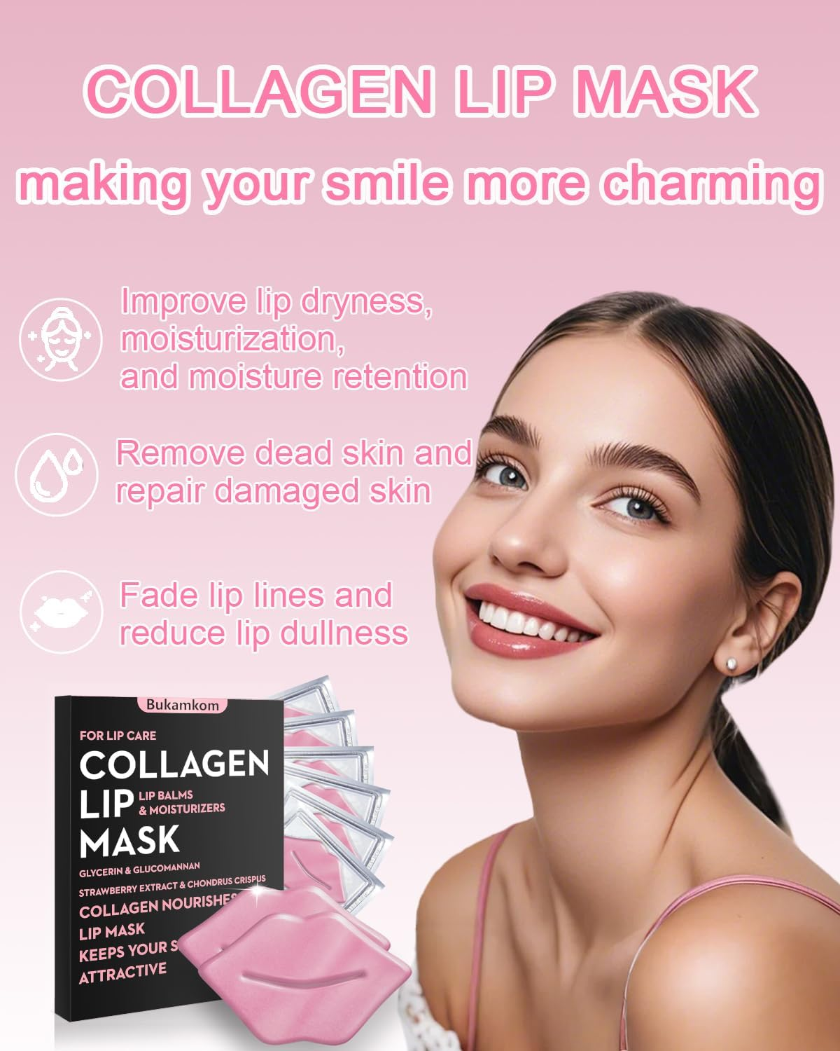 Bukamkom Collagen Lip Mask 20 Pieces,Which Can Provide Long-Lasting Nourishment,Moisturization,And Improve Wrinkles,Overnight Pink Lip Mask Individually Wrapped image number 1