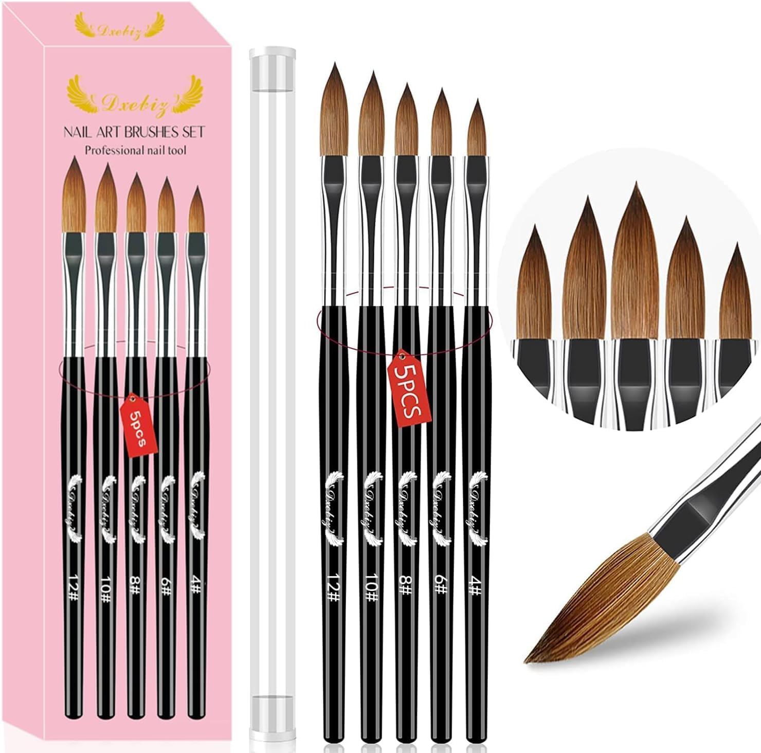 MAGIC ARMOR 5Pcs Acrylic Nail Brush for Acrylic Nails Acrylic Powder, Professional Nail Art Brushes Set, Nail Brushes Size 4/6/8/10/12 for Acrylic Application Nail Extension Carving Nail Art Tool image number 2