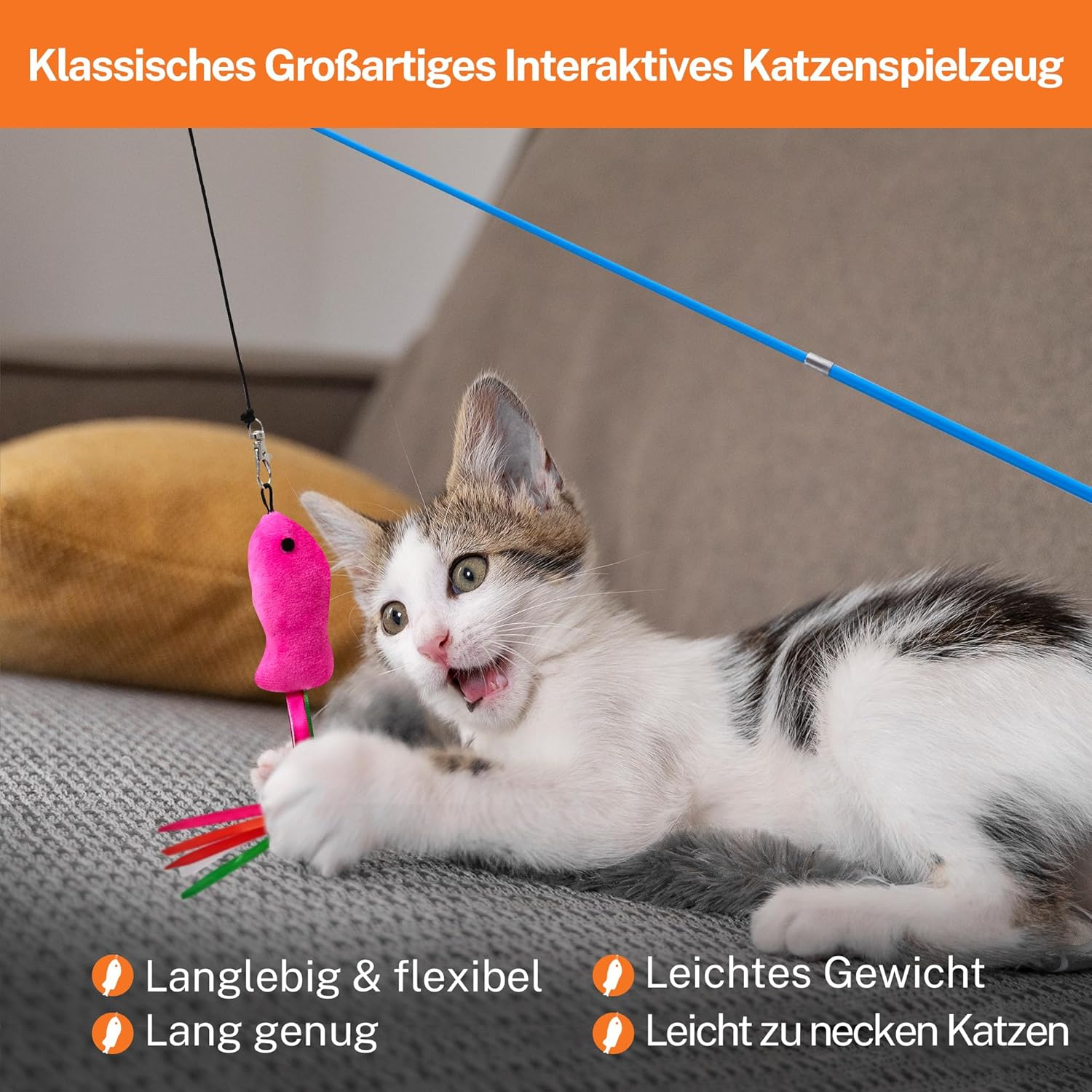 Toozey Cat Toy 12 Pieces, Cat Fishing Rod with 2 Pieces Retractable 10 Cat Toy Replacement Feathers, Cat Toy Self-Employment with Feather/Bug/Fish Bell, Interactive Cat Toy Set image number 4