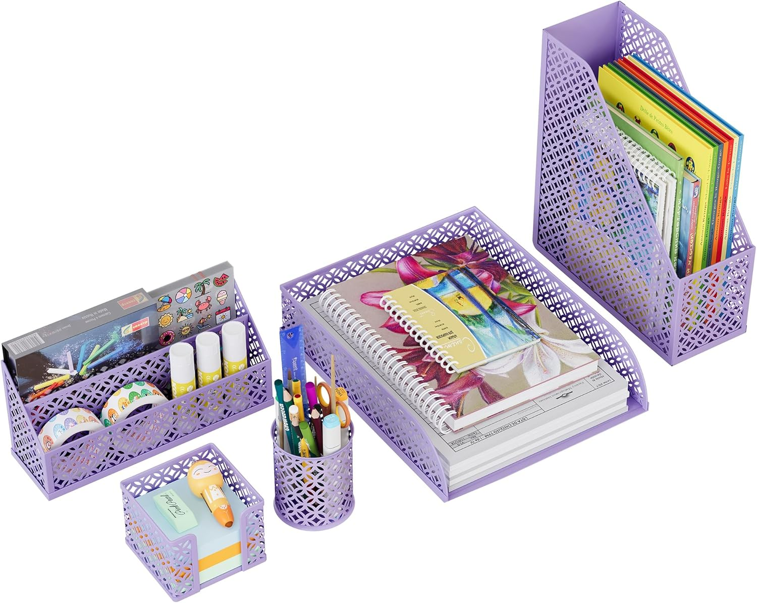 Solinxe Desk Organiser Set Made of Metal - Document Tray A4 Paper Letter Tray Pen Holder Letter Holder and Sticky Note Holder, Purple