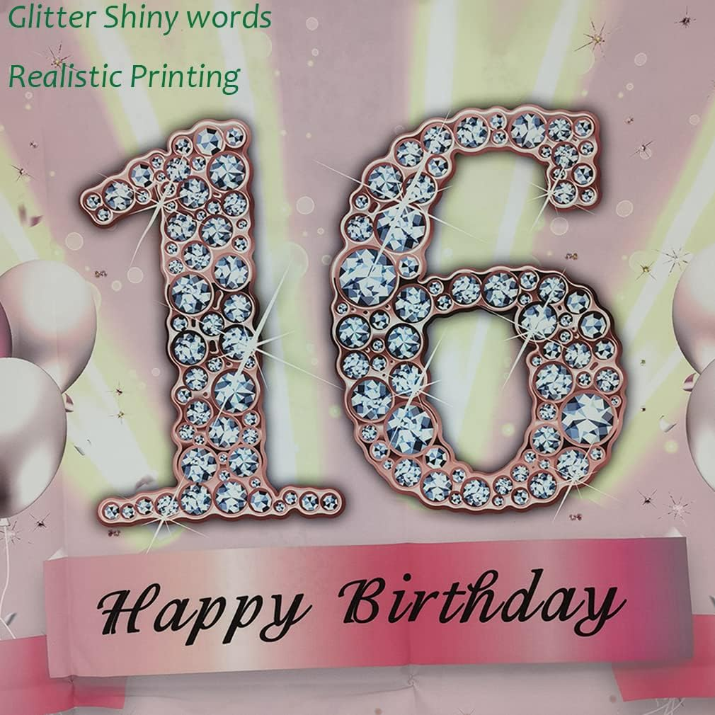 16Th Birthday Decorations for Girls, Backdrop Banner Party Deco Girl 16 Years Old Anniversary Party Fabric Sign Poster Pink Photo Background 16Th Birthday Party Supplies, 59"X35.4" image number 2