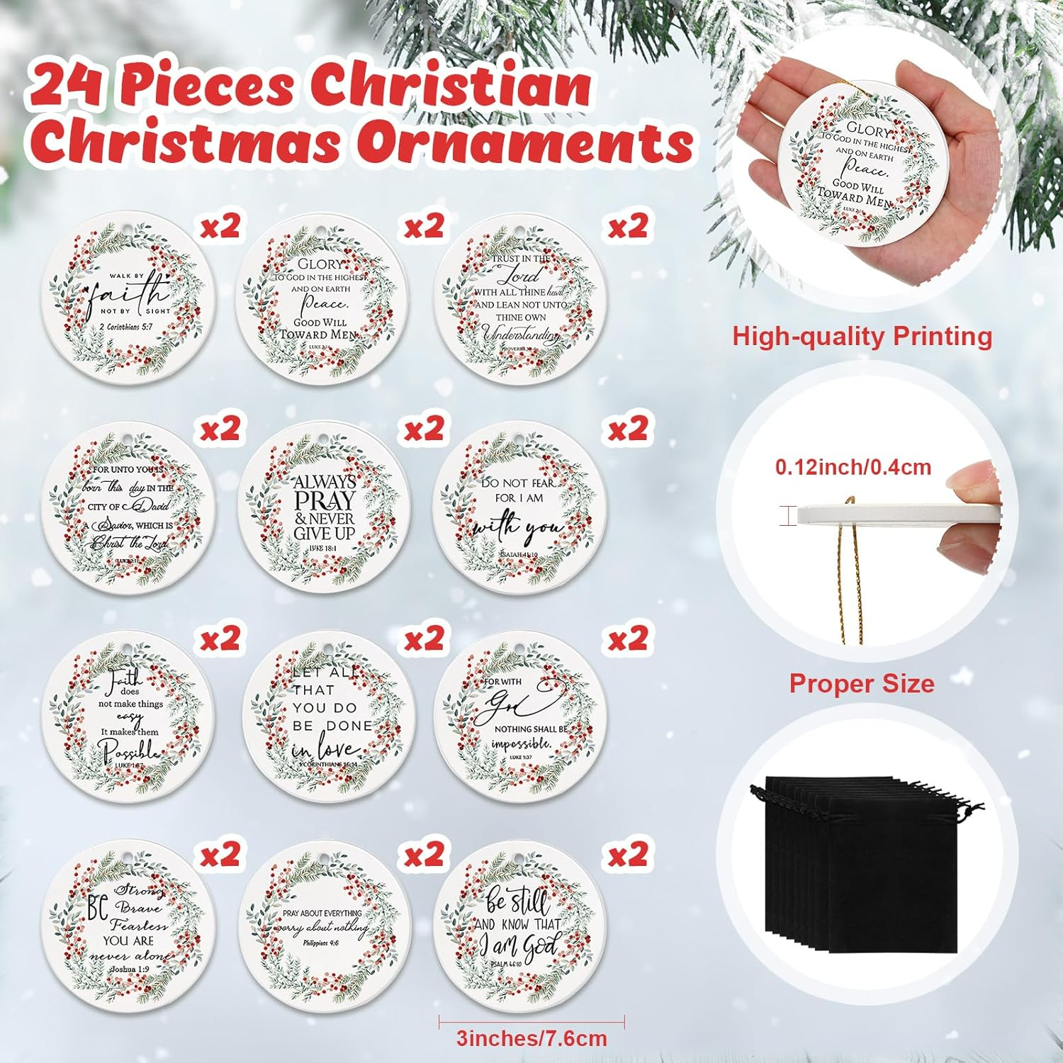 Sieral Bible Verse Christian round Flat Ceramic Ornament Wreath Pattern Inspirational Quotes Ornaments for Mom Women Teacher Gift Bedroom Hanging Religious Christmas Decor (24 Pcs) image number 1