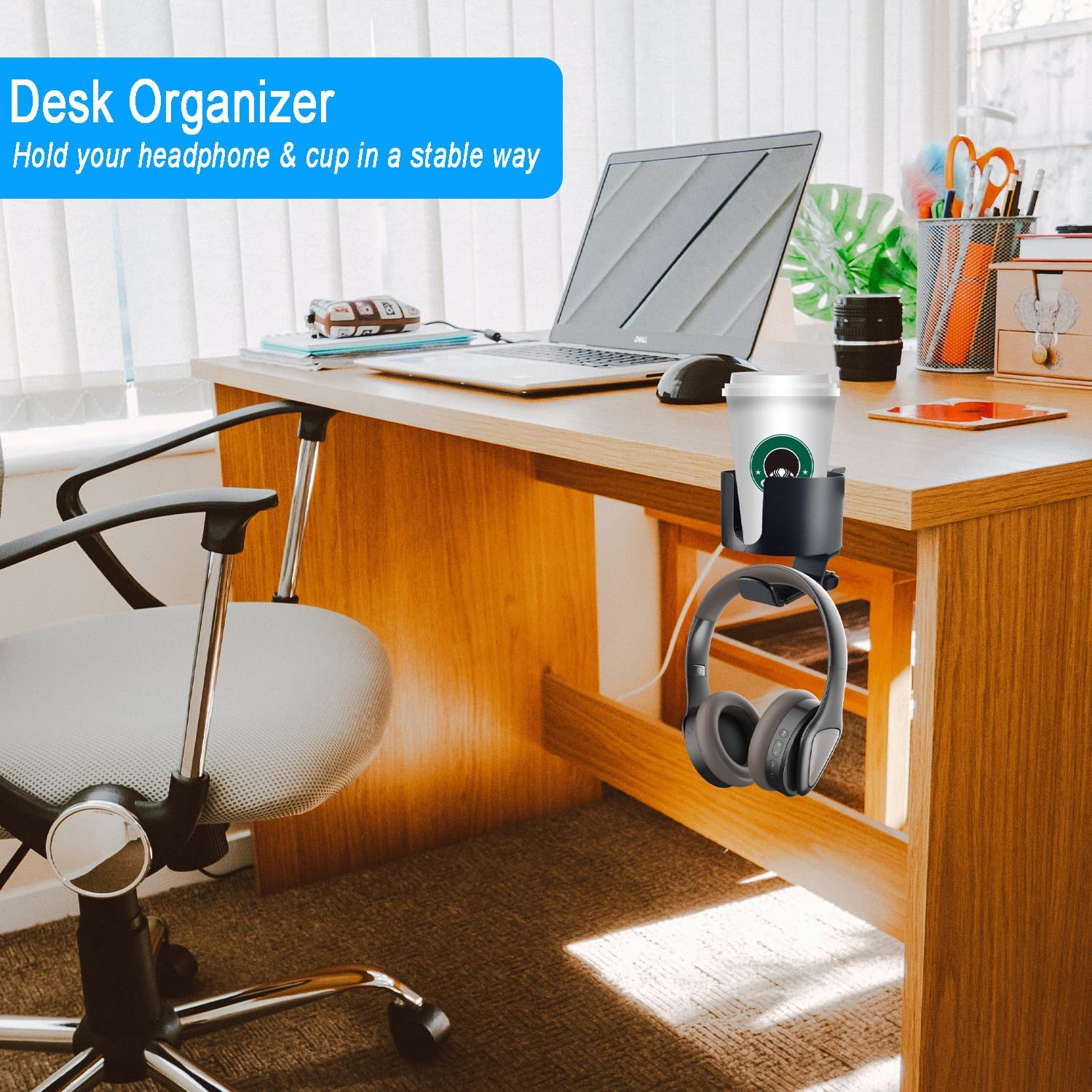 MAGGHEVI Headphone Holder,2 in 1 Anti-Spill Cup Holder with under Desk Headphone Hanger 360&deg; Adjustable & Rotating Arm Clamp Headset Stand,Organizer Accessories for Office or Gaming Room image number 1