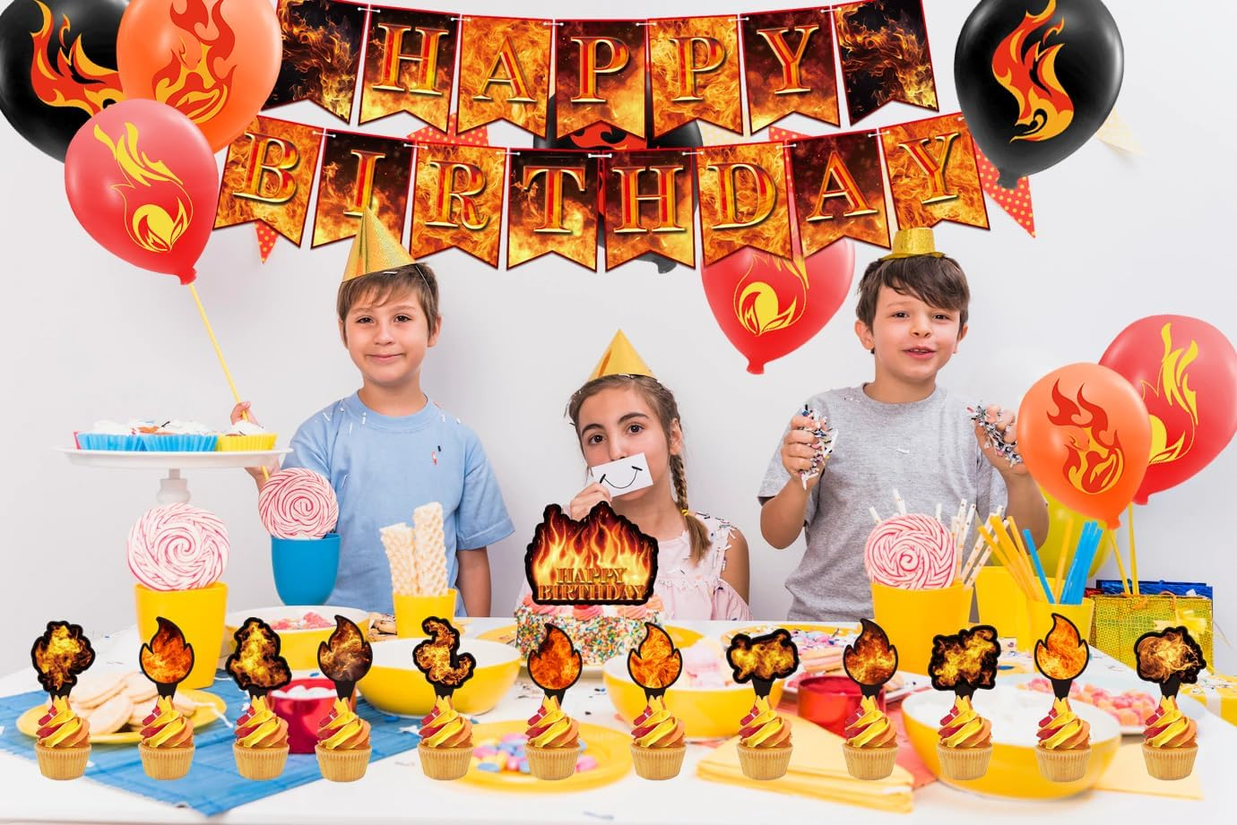 Fire Party Decorations Firefighter Birthday Party Supplies Includes Fire Happy Birthday Banner Cupcake Toppers Cake Topper Balloons for Firefighter Party Fire Truck Party Supplies image number 3