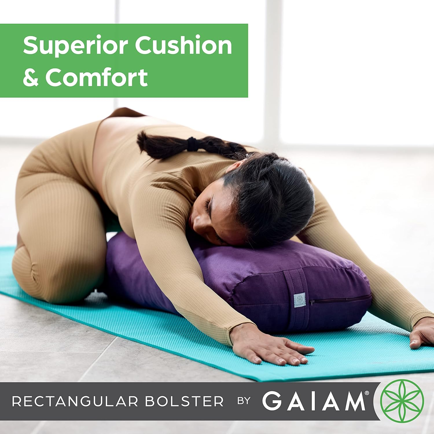 Gaiam round Yoga Bolster Pillow, Soft Meditation Cushion for Yoga, Massage and Back Support, Breathable Cotton Fill, Zippered Microfiber Cover, Easy-Carry Handle, Machine Washable - Black image number 2