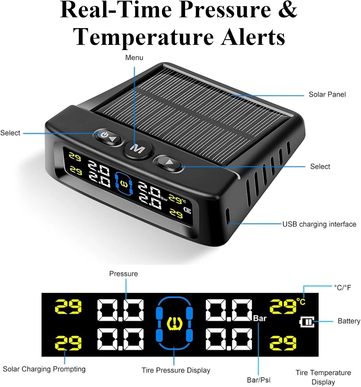 MAEZOE TPMS Tire Pressure Monitor with Solar & USB Charging, Digital Display & Waterproof Sensors &ndash; Wireless Tyre Pressure Monitoring for Cars, Suvs, 4Wds, Trailers image number 3