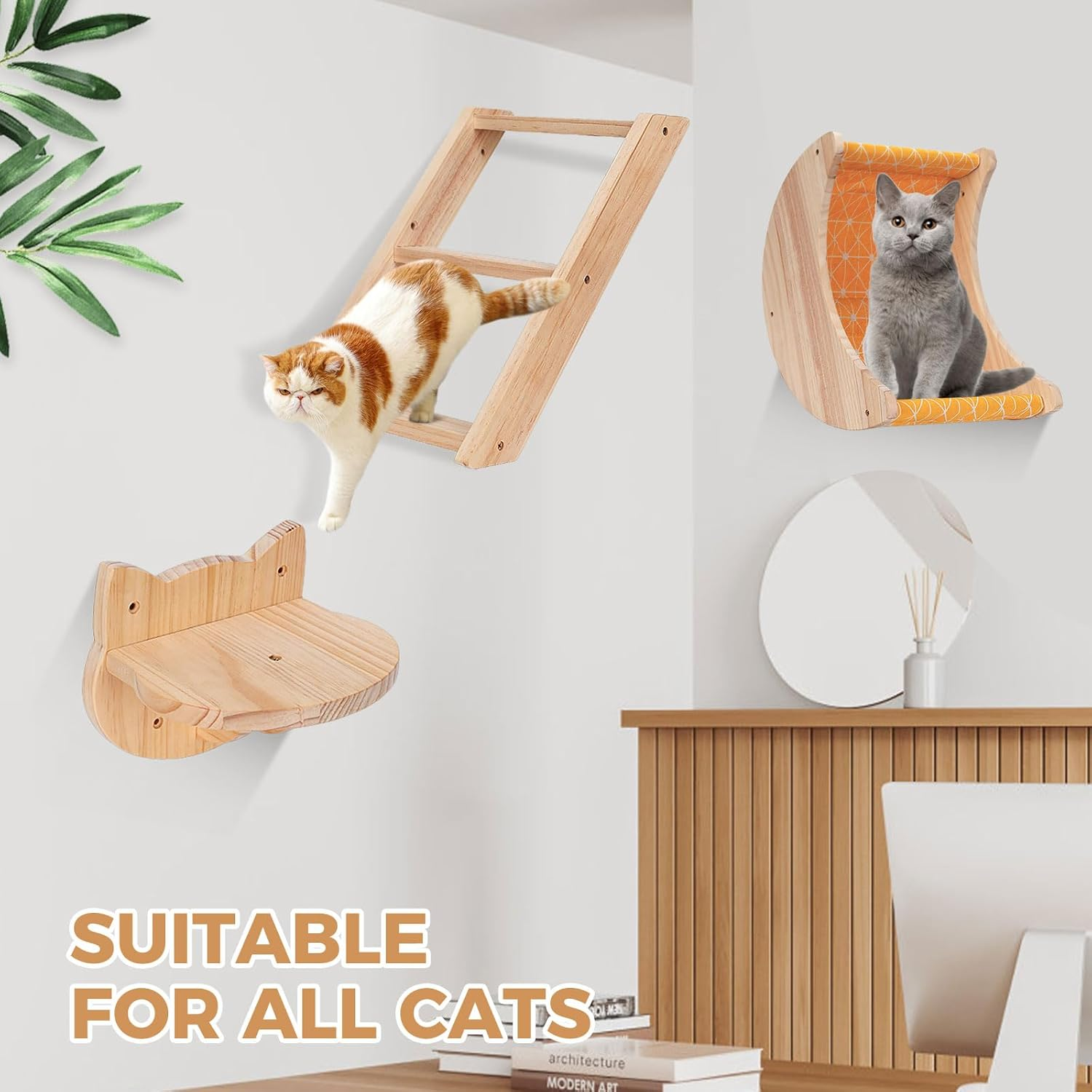 Cat Hammock Wall Mounted 3Pcs Set, Wooden Cat Wall Shelves Scratching Posts, Moon Shape Cat Perches and Cat Wall Furniture for Climbing, Playing and Sleeping