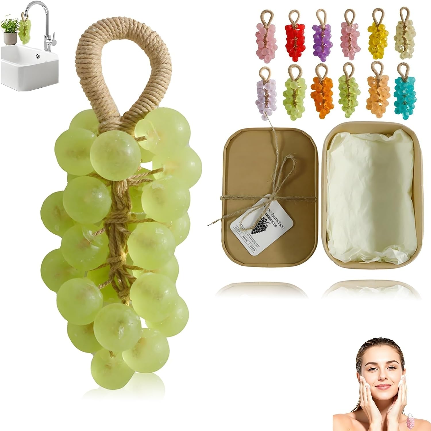 Handmade Crystal Grape Soap on a Rope, Grape Shaped Soap, Facial Cleansing Bathing Hand Washing Indoor Decorations Indoor Decorations(Peach)