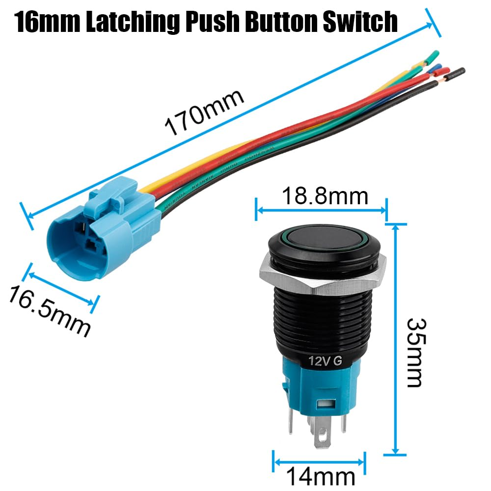 Yakamoz 2Pcs 16Mm Latching Push Button Switches, 12V on off Reset Button with Sockets Green LED Wiring Harness, Waterproof Marine Push Button for Car (Black Shell) image number 3