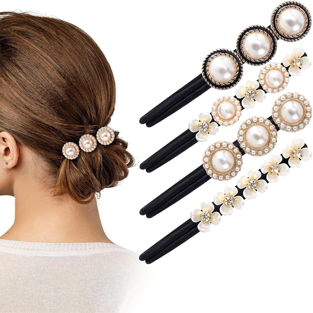 JEYORZY Pack of 4 Magic Hair Buns, Pearl Flowers Hair Bun Maker, Women'S Doughnut Hair Bun Maker, Hair Pin Hair Bun Maker, Hair Holder, Hair Styling Tool, for Girls and Women image number 1