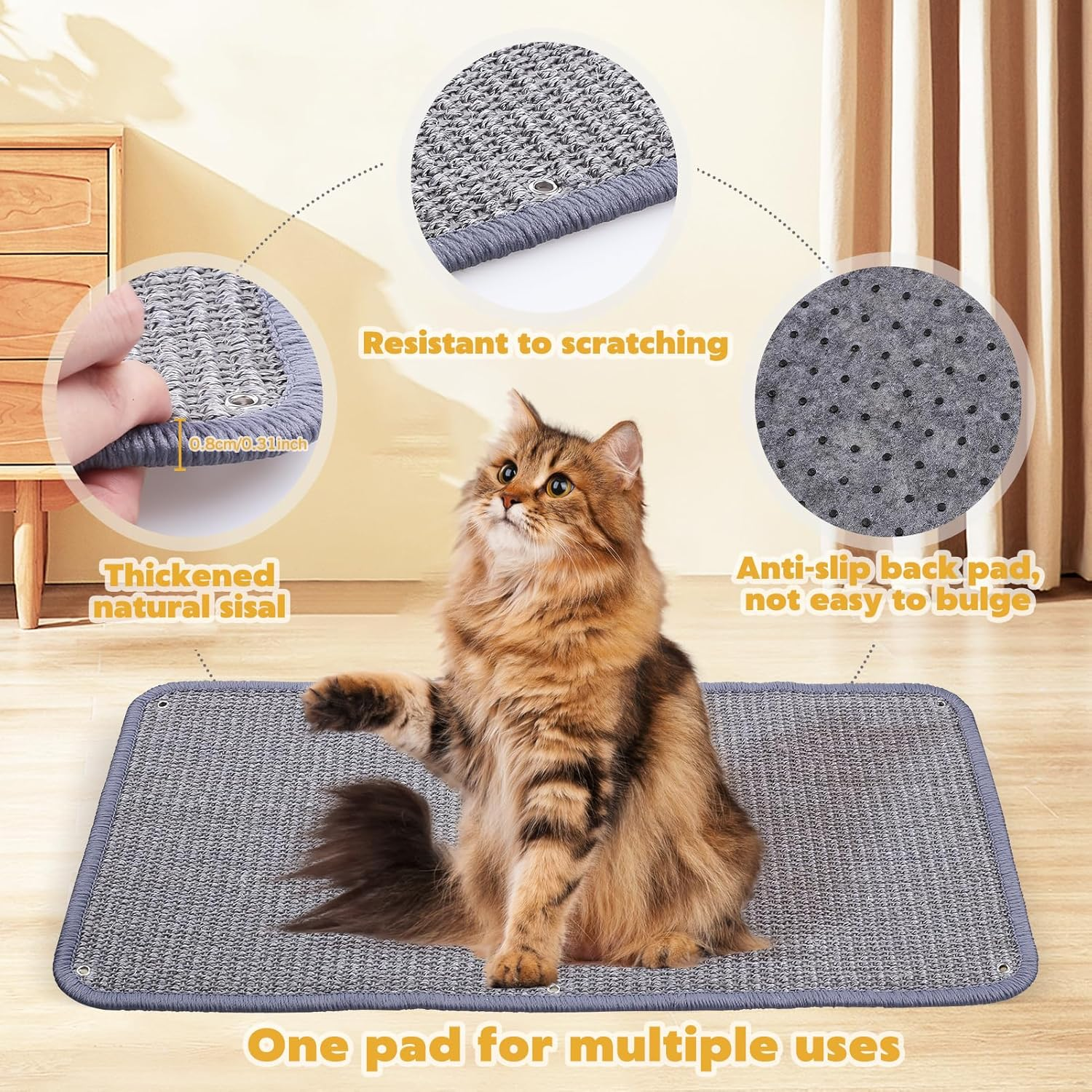 VABNEER Sisal Scratching Mat for Cat Wall Sofa, 60 X 30 Cm, Pack of 2, Grey Sisal Mat, Scratch Rug for Furniture Protection image number 1