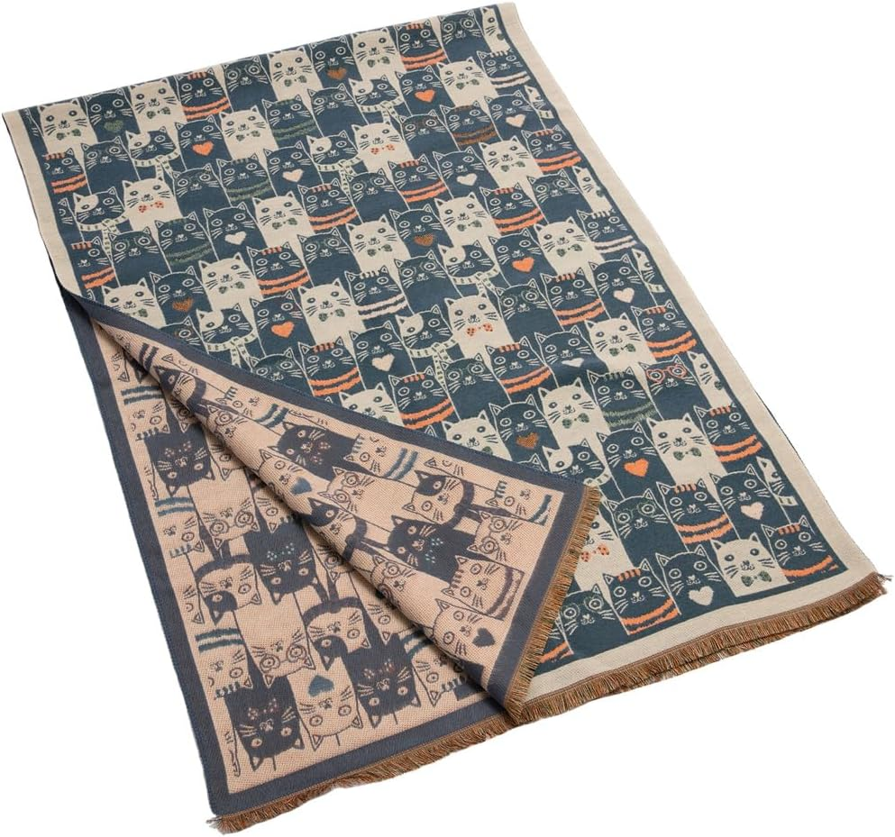 Women'S Fringed Scarf Cat Print Pattern Cape Winter Cashmere Feel Shawl Warm Wrap - Cat Black image number 3