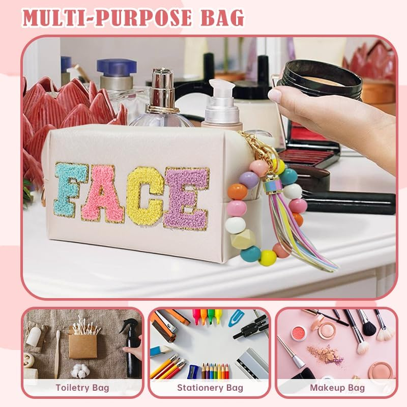 2 Preppy Patch Makeup Bag Chenille Letters Cosmetic Bag Personalized Initial Cute Face Skin Pu Leather Portable Waterproof Toiletry Bag with 1Silicone Keychain Travel Make up Bag for Women Teen Girls image number 1