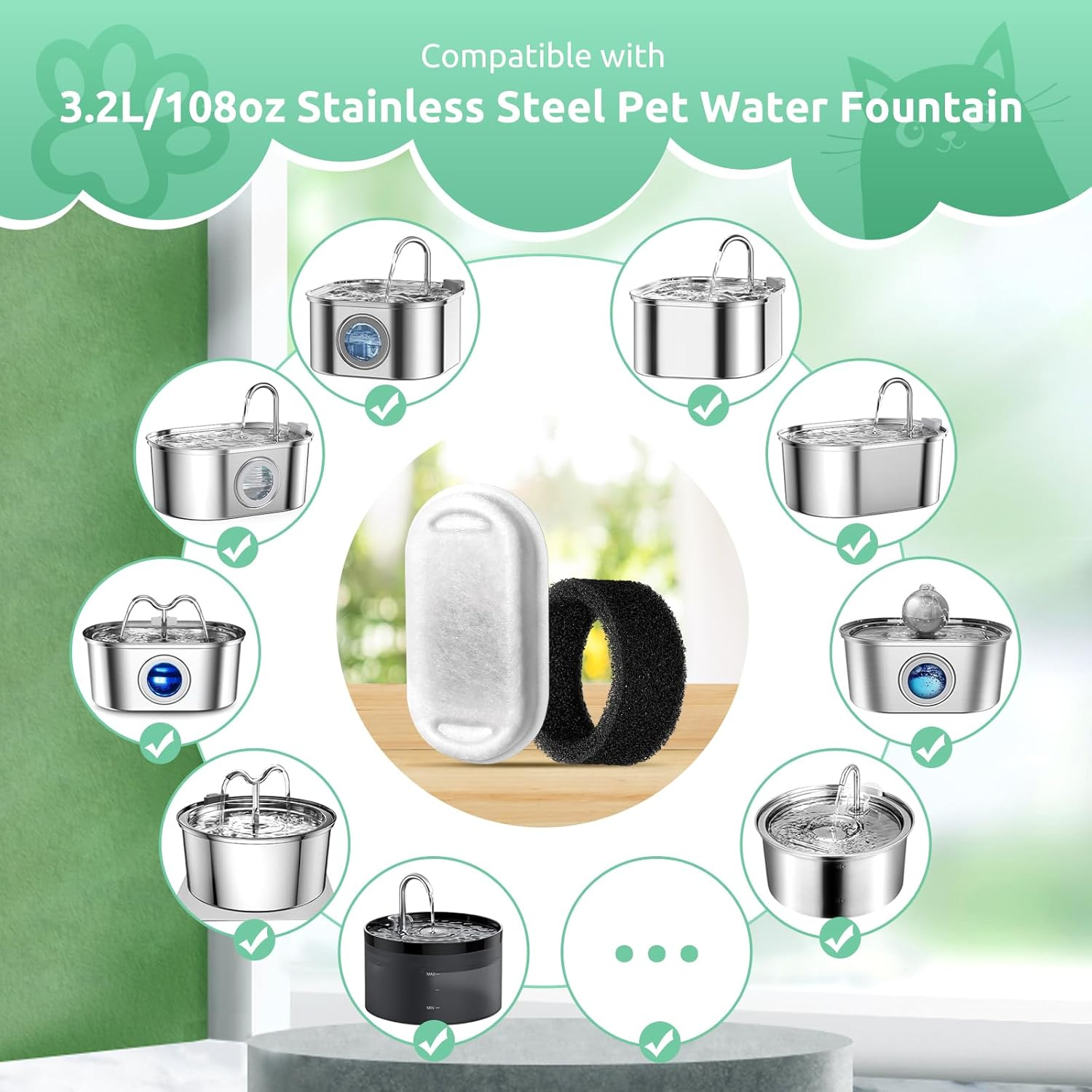 Cat Fountain Filter, Pack of 12 Replacement Filters for 108 Oz/3.2 L Stainless Steel Cat Fountain, 12 Pieces Carbon Filters and 12 Pieces Foam Filter Triple Filter for 2 L Drinking Fountain for Cats