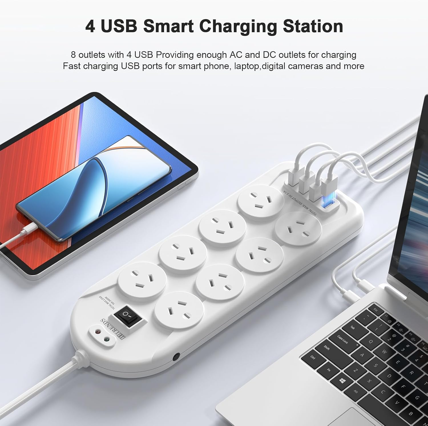 Power Board Surge Protected, Power Strip with 8 AC Outlets and 4 USB Charging Ports, USB Power Board with 1.5M Extension Cord, Wall Mount for Home Office - Black image number 2