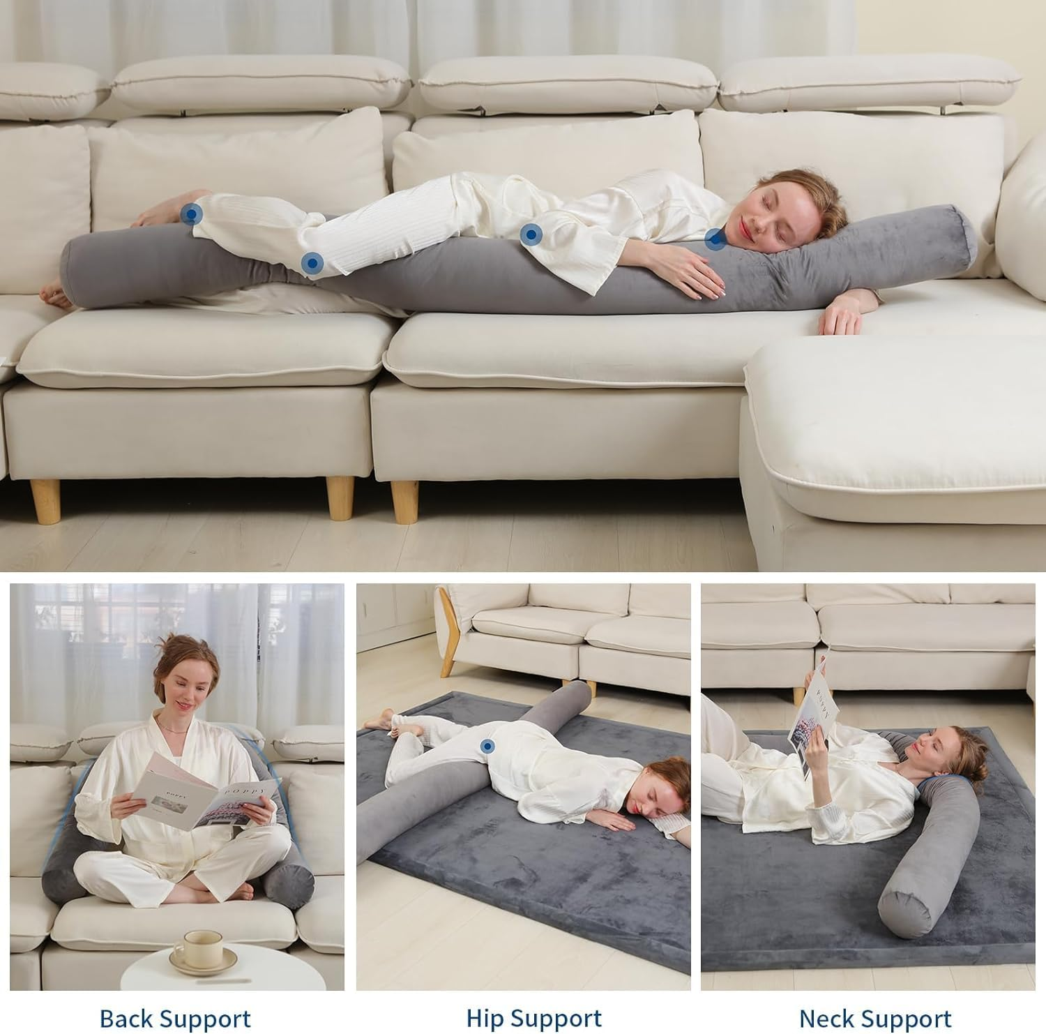 Long Body Pillow for Adults,Full Body Pillow with Velvet Pillowcase,Round Bolster Pillow for Sleeping,Hug Pillow (Grey, 196&times;15 Cm) image number 3