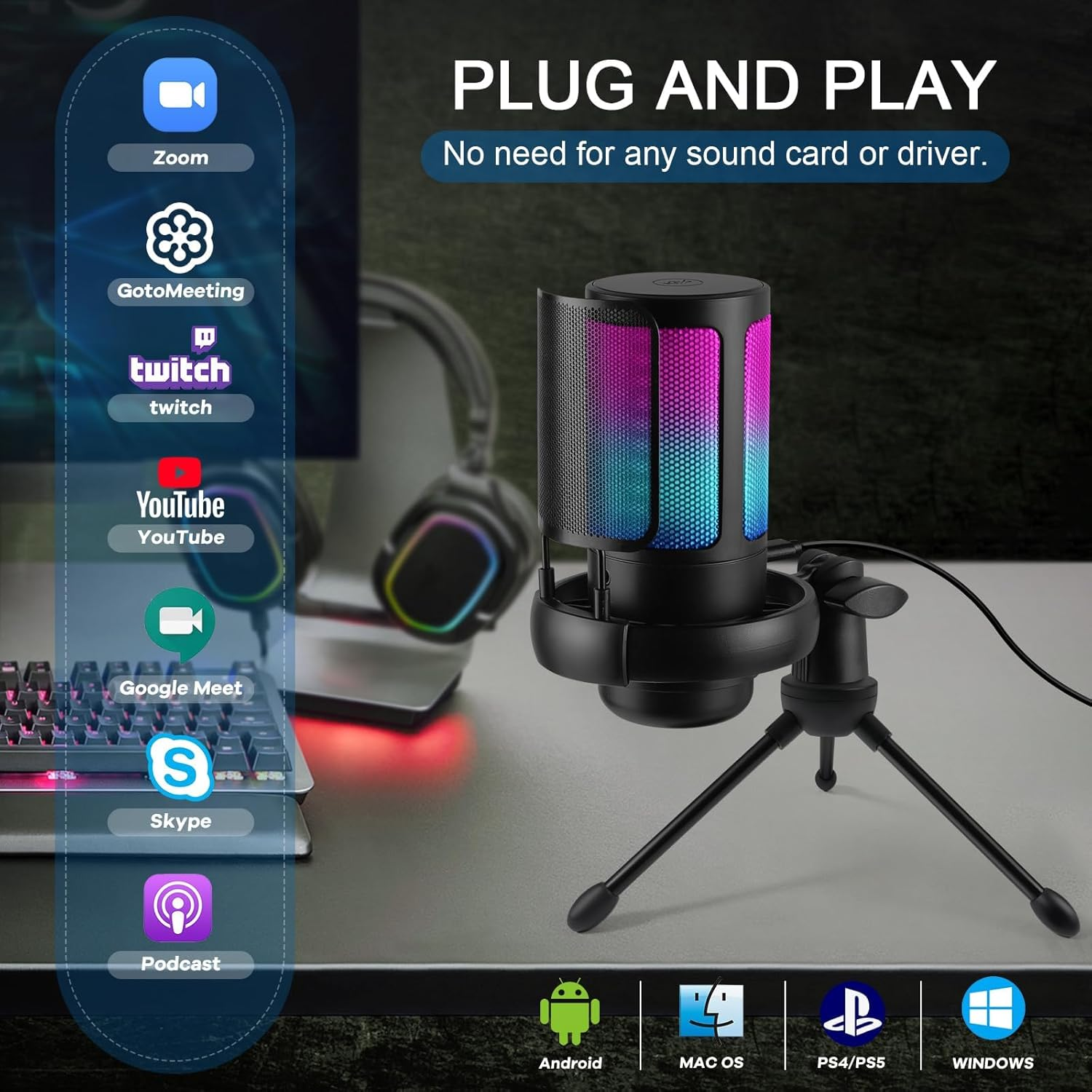 USB Microphone Gaming Mic with RGB Light, Condenser PC Podcast Microphone with Volume Control, Mute Button, Tripod Stand 3.5Mm Headphone Jack Compatible with Windows, Mac OS, Smartphones (Black)