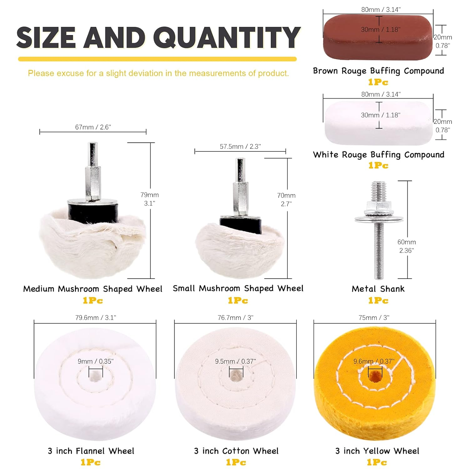 Mardatt 8 Pcs 3'' Buffing Polishing Wheels Set Including Yellow (36 Ply)/White(50 Ply)/ Flannel(30 Ply)/Mushroom Shaped Wheel with 3/8" Arbor Hole, Polish Compound and 1/4&rsquo;&rsquo; Mandrel for Drill image number 5