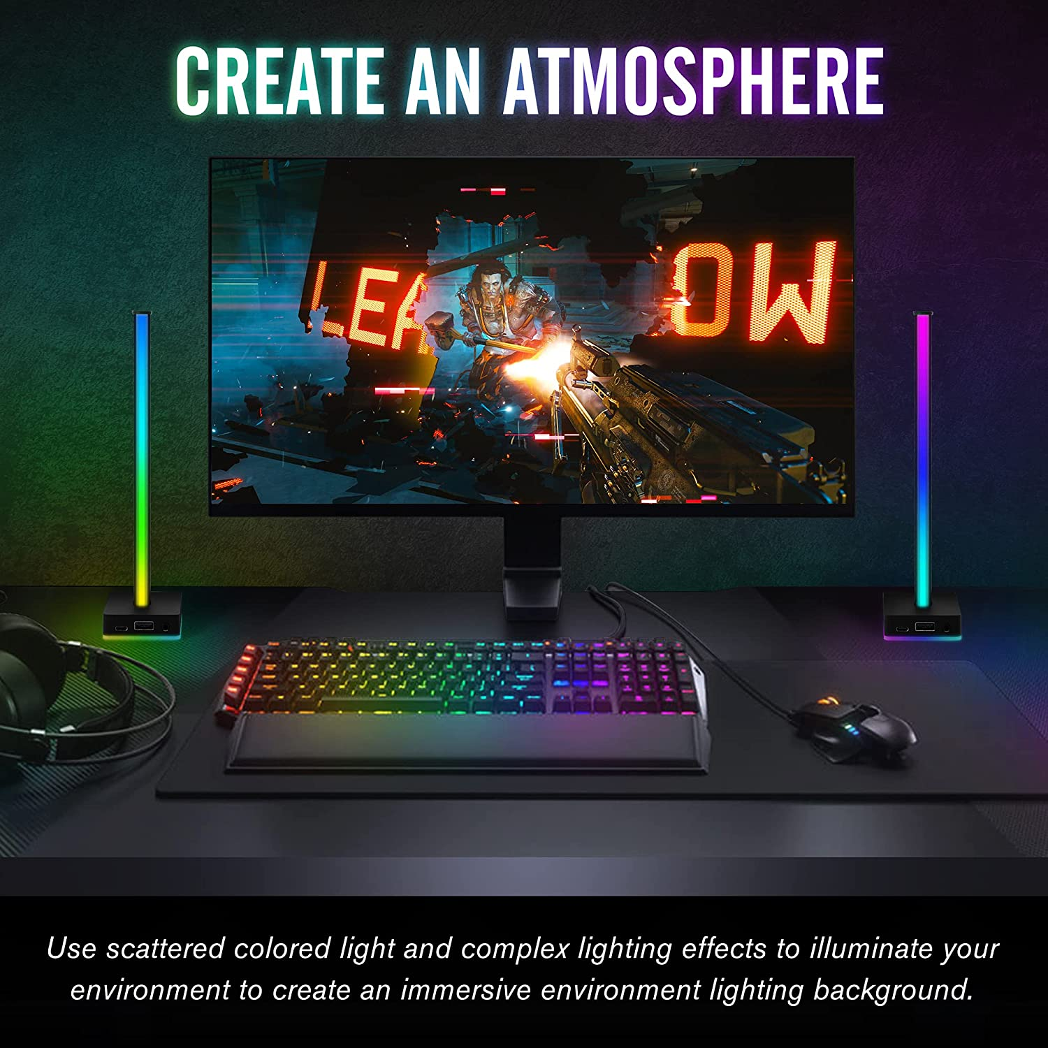 EZDIY-FAB USB LED Light Bar Headphones Stand, Desktop Atmosphere RGB Backlight,50 Built-In Color Modes, Headphone Holder for Gamers Gaming PC Accessories Desk- Black image number 1