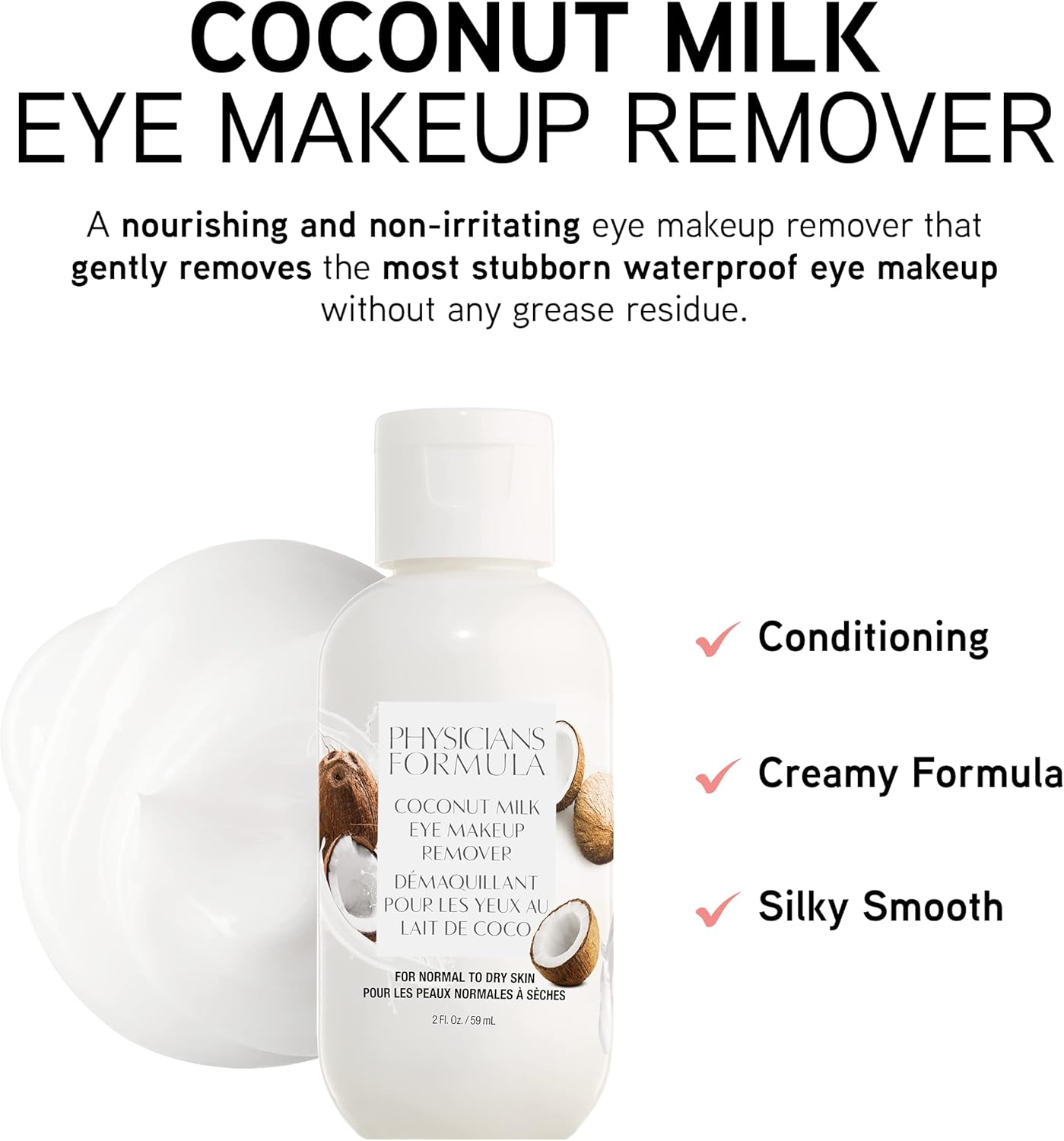 Physicians Formula Eye Makeup Remover Coconut Milk Waterproof Eye Makeup Remover, Dermatologist Tested, Oil-Free, for Sensitive Skin, 2 Fl Oz (Pack of 1) image number 3