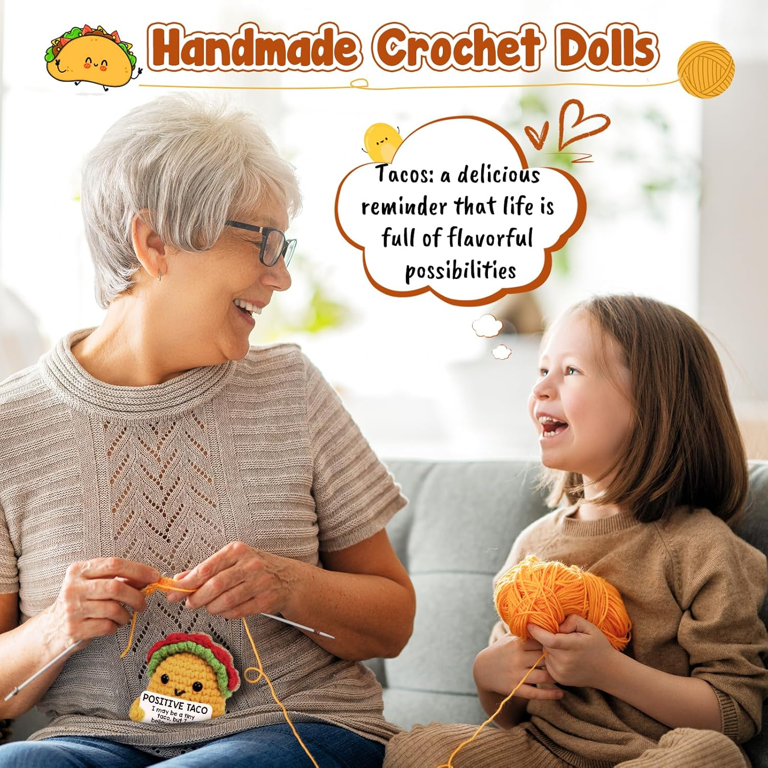 Tusuqing Mini Positive Crochet Taco Emotional Inspirational Support Christmas Small Gifts for Women Birthday Gifts, Handmade Knitted Crochet Animals Christmas Stocking Stuff Idea Cute Taco Desk Decor image number 4