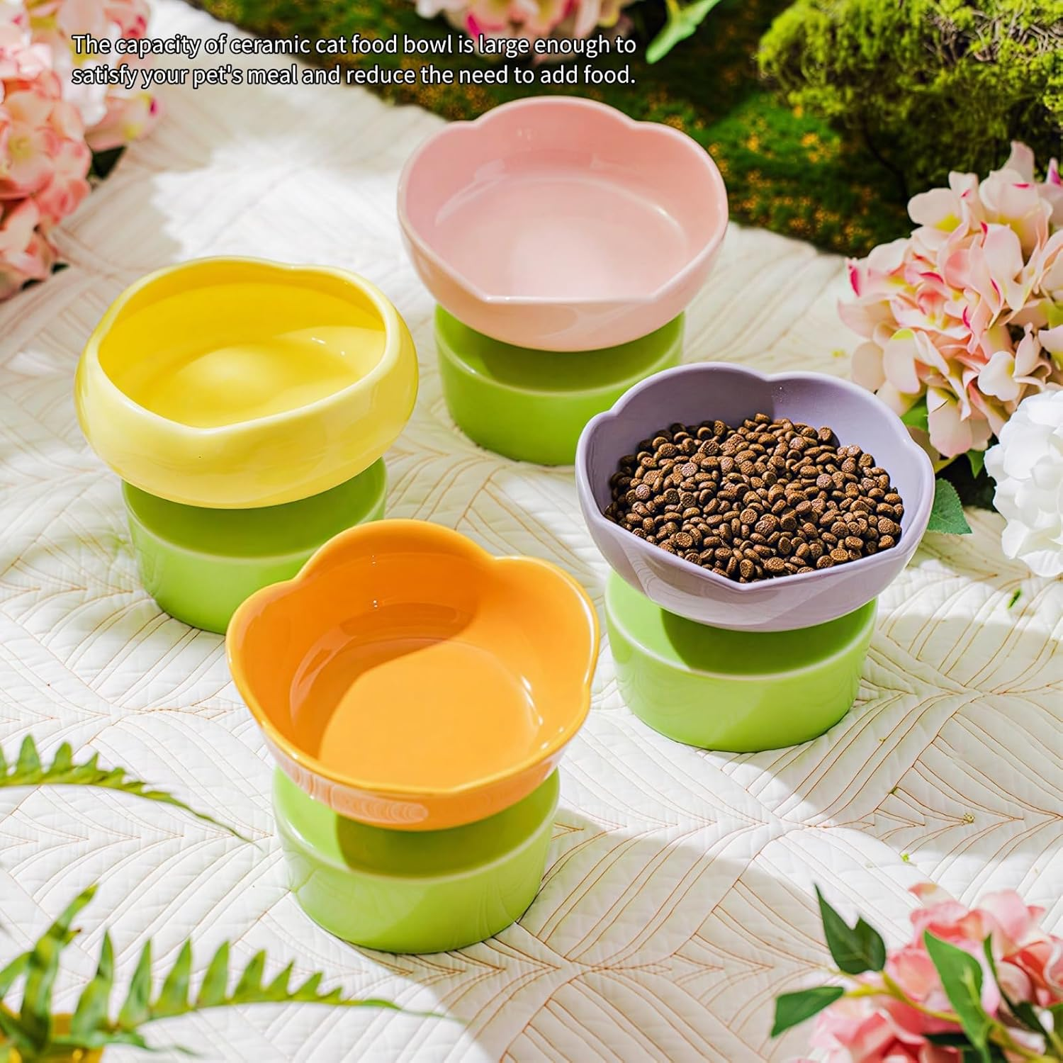 Ceramic Cat Food Bowl Cute Flower Shape Large Capacity, Neck Spine Protection Raised Pet Food Bowl for Cats Dogs Pets, Elevated Cat Ceramic Bowl (Orange) image number 2