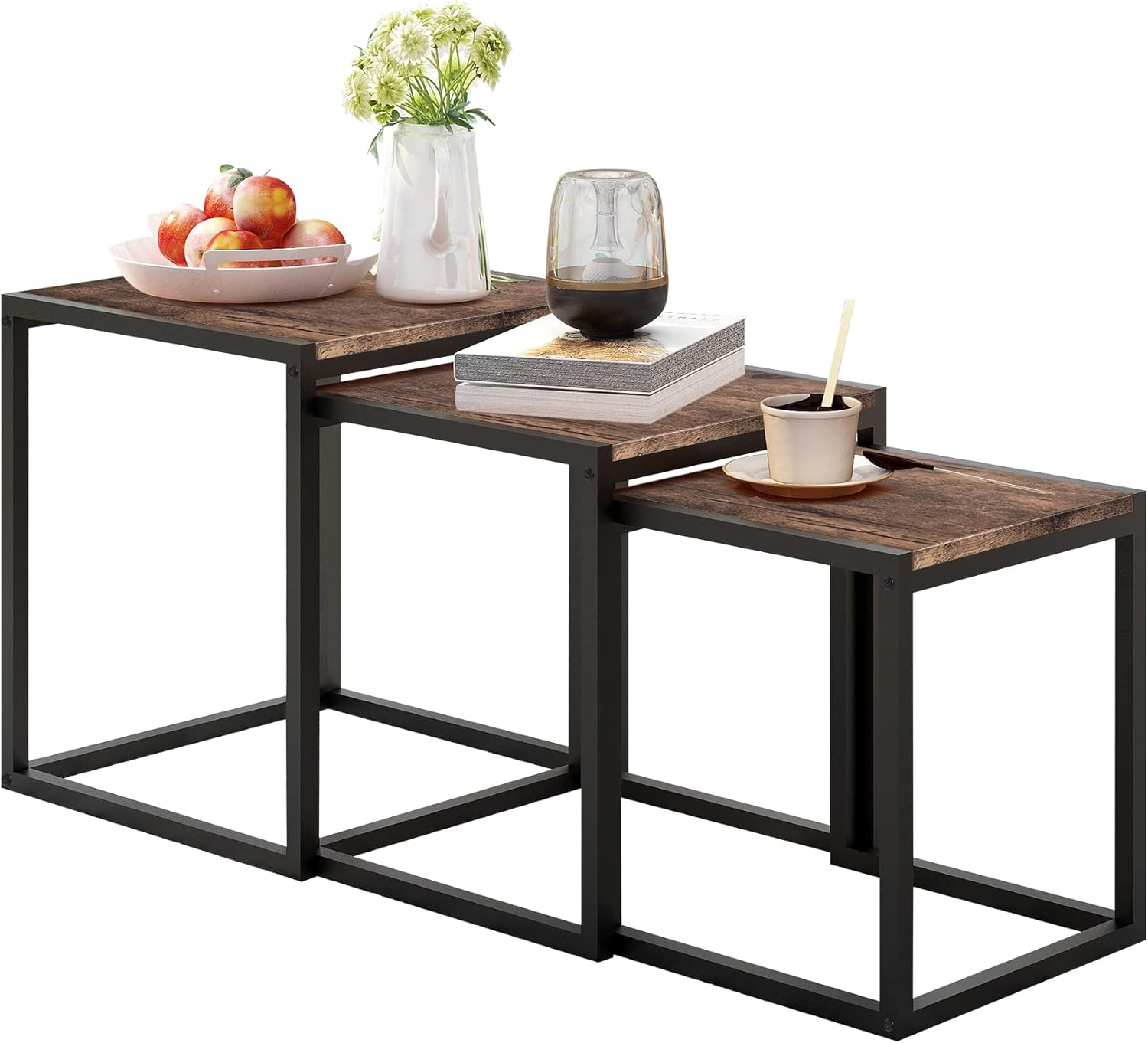 Nesting Table Set of 3 End Tables, Modern Minimalist Coffee Table, Stackable Tables with Metal Wood Stacking Side Table for Living Room, Bedroom, Brown/Black image number 5
