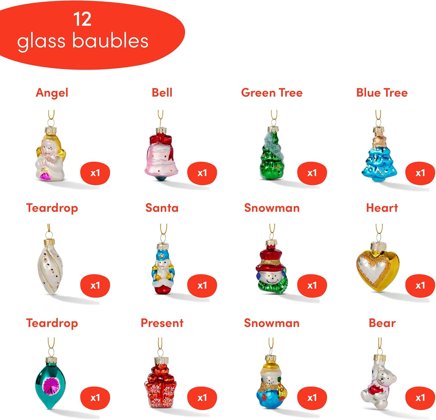 The TWIDDLERS - 12 Christmas Mini Glass Baubles, Xmas Tree Ornament Hanging Decorations image number 5