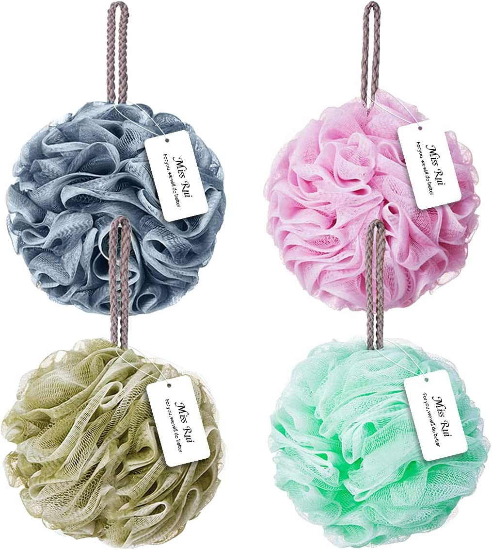 Miss Rui Shower Bath Sponge Shower Pouf Loofahs Balls 60G/Pcs for Body Wash Bathroom Men Women Kids Set of 2 Pink Sponges