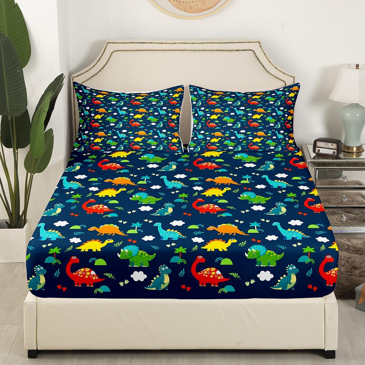 Dinosaur Fitted Sheet Queen Size Kids Bedding Set Cartoon Dinosaur Fitted Sheet for Boys Children Colorful Bedroom Decor Ancient Jungle Animals Bed Cover Tropical Hawaiian Palm Leaf Bed Set Blue image number 2