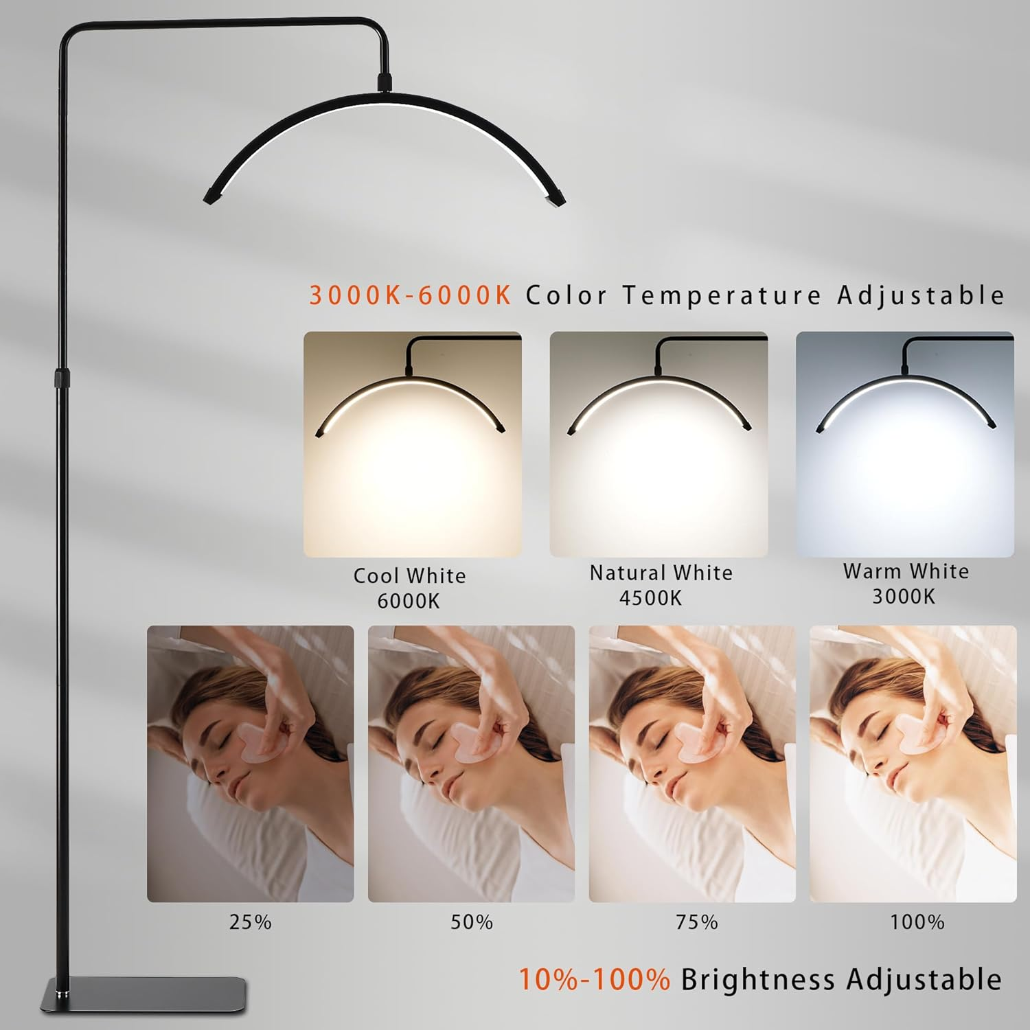 48W Led Floor Lamp with Touch Buttons, Half Moon Eyelash Floor Light,Tattoo Light, Estheticians Light for Eyelash Extensions, Beauty, Skincare, Eyelash, Eyebrows,Black