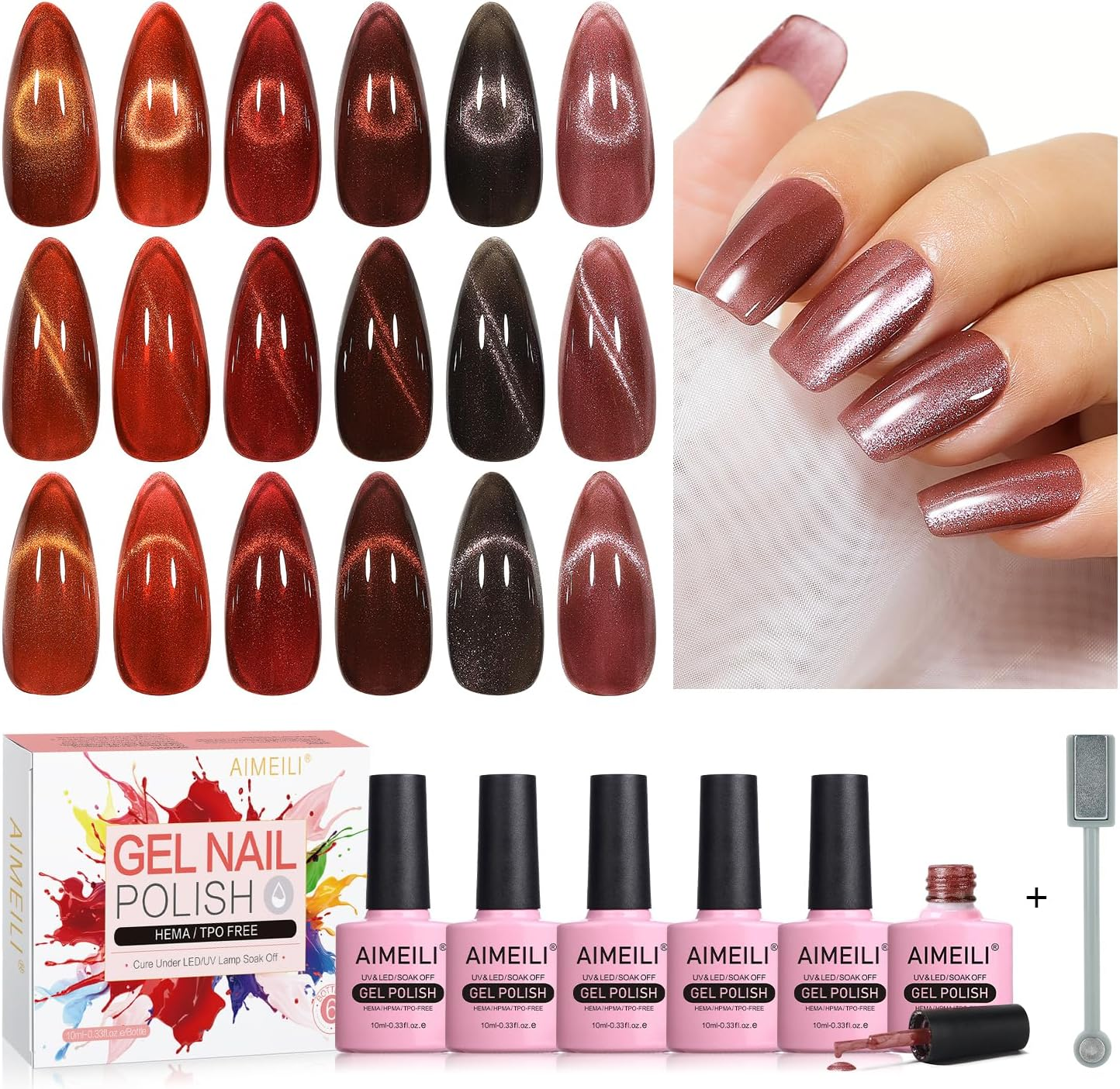 AIMEILI Cat Eye Gel Nail Polish U V LED Hema Free Cruelty Free Vegan Gel Polish Colors for Nail Art Kit Set of 6Pcs X 10Ml - Kit Set 71