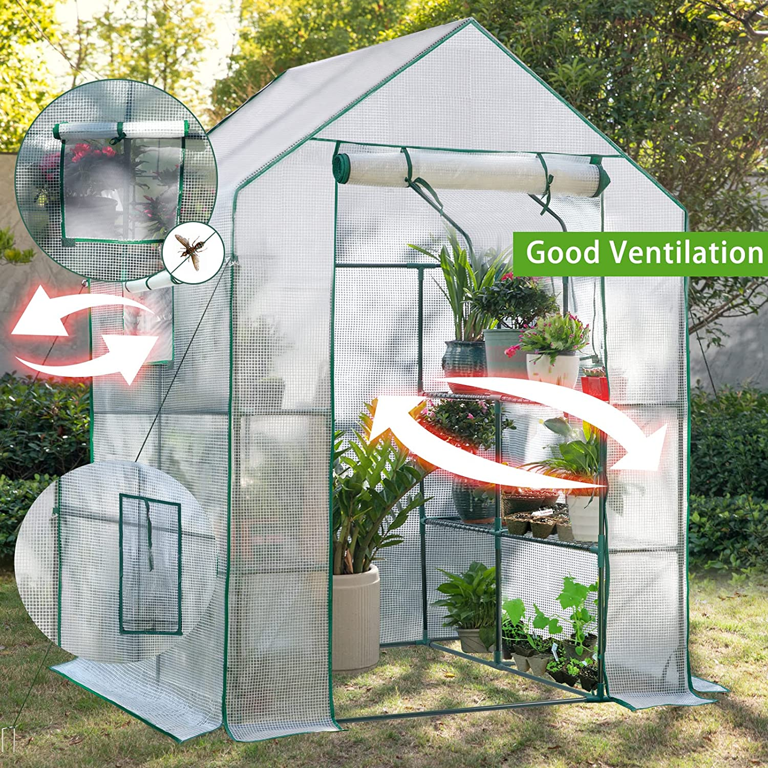 Green Houses for Outdoors, PE Walk in Greenhouse with 2 Side Mesh Windows, Portable Green House with Anchors & Ropes Stands up to Wind, 56"X56"X78" White image number 5