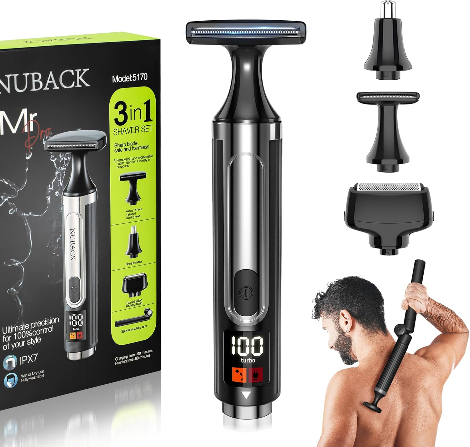 NUBACK Electric Back Shaver for Men, 3 in 1 Cordless Back Hair Trimmer for Men with Extendable Long Ergonomic Handle, Body Groomer Razor with Wider Blade (Black) image number 3