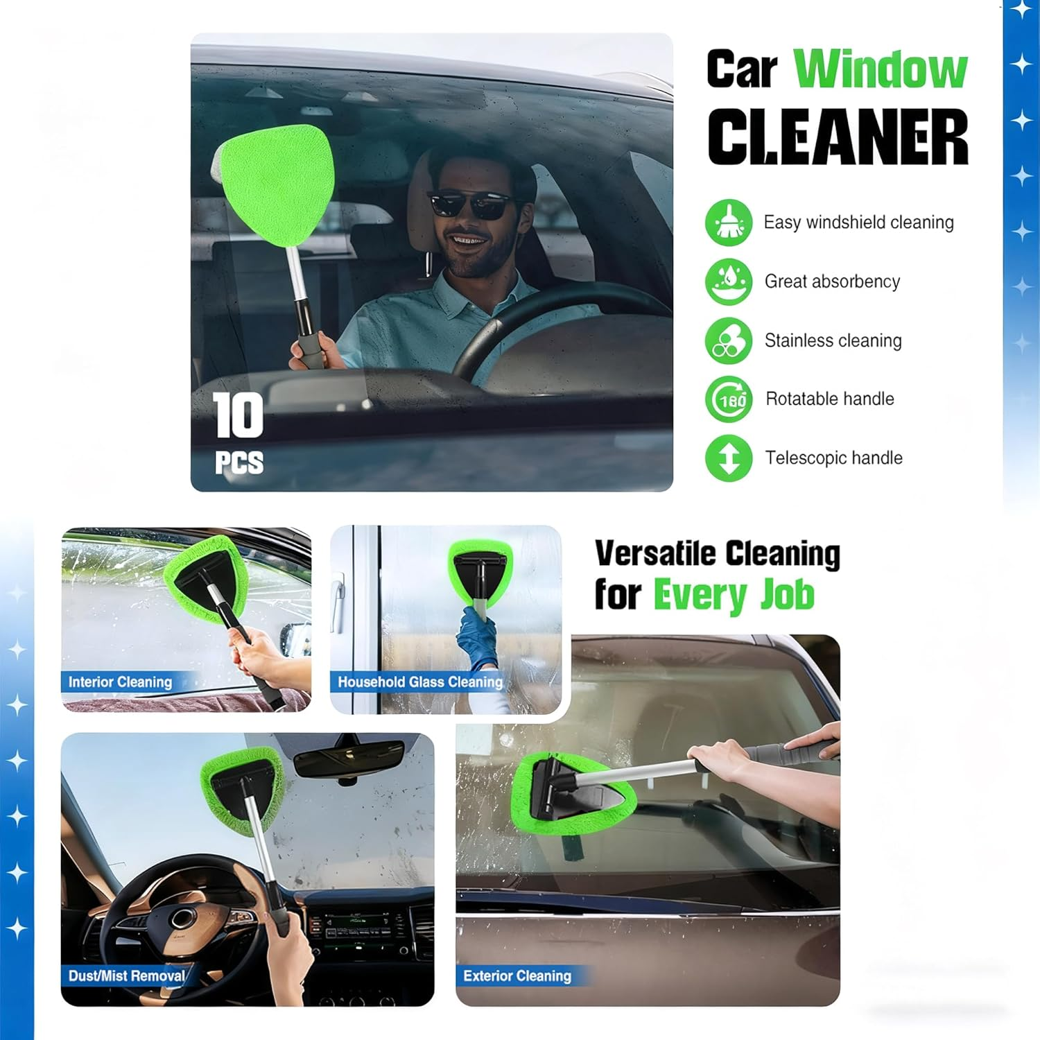 Tourgoing Windshield Cleaning Tool, Extendable Windshield Cleaner with 6 Washable Pads & 1 Spray Bottle, Interior & Exterior Windshield Wiper Tool for Car, SUV, Truck, RV (Green)