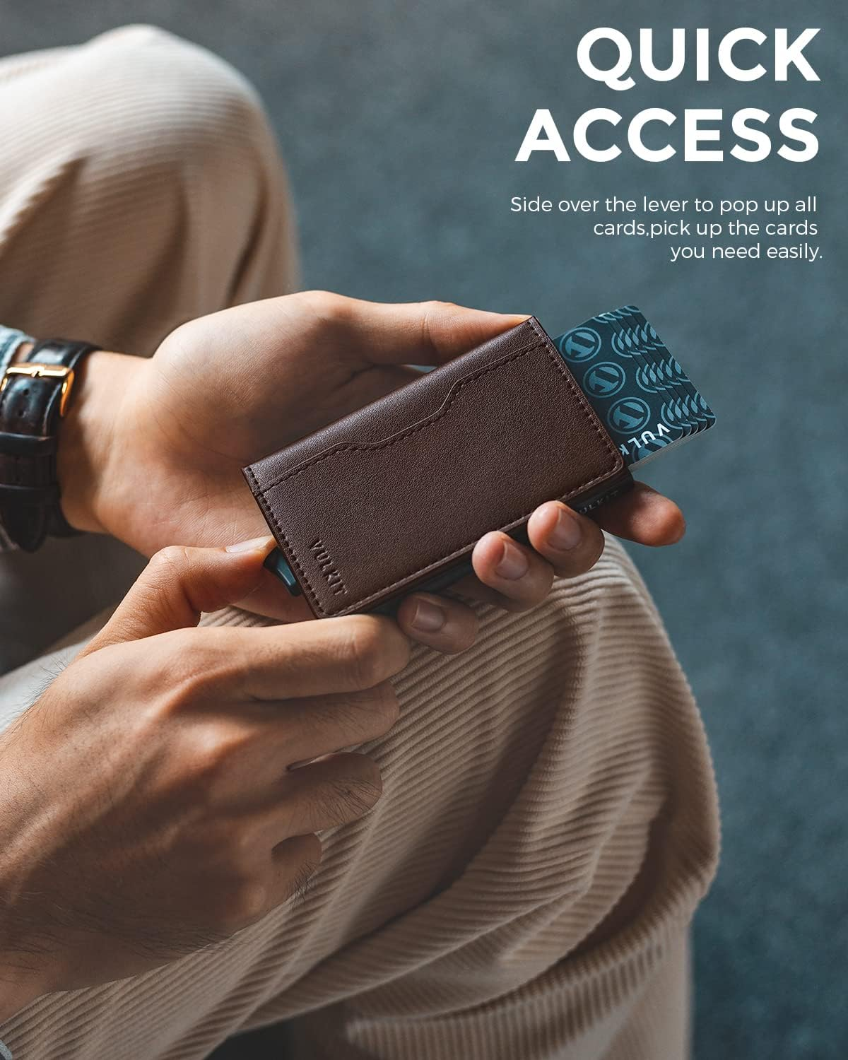 VULKIT Slim Pop up Wallet for Women Minimalist Credit Card Holder with Leather Slots Men'S Bifold RFID Blocking Metal Wallets(Dark Brown) - Cf Black image number 3