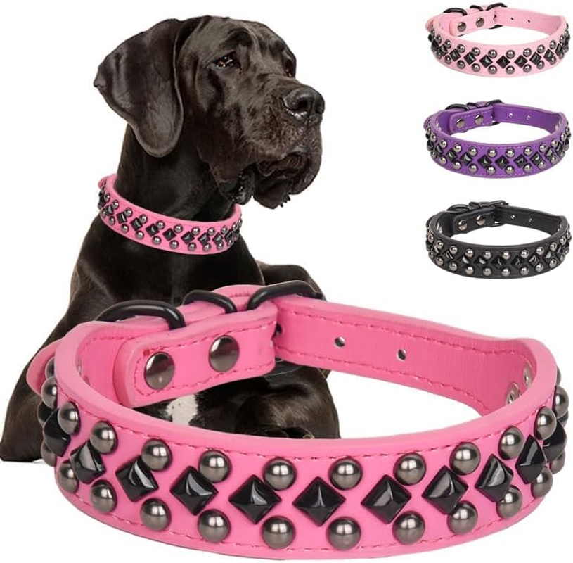Serijoars Spiked Studded PU Leather Dog Collar for Small, Medium, Large Breeds, Pit Bull, Bully, Husky, Terrier, Adjustable (Hot Pink, L (41-47CM)) image number 2